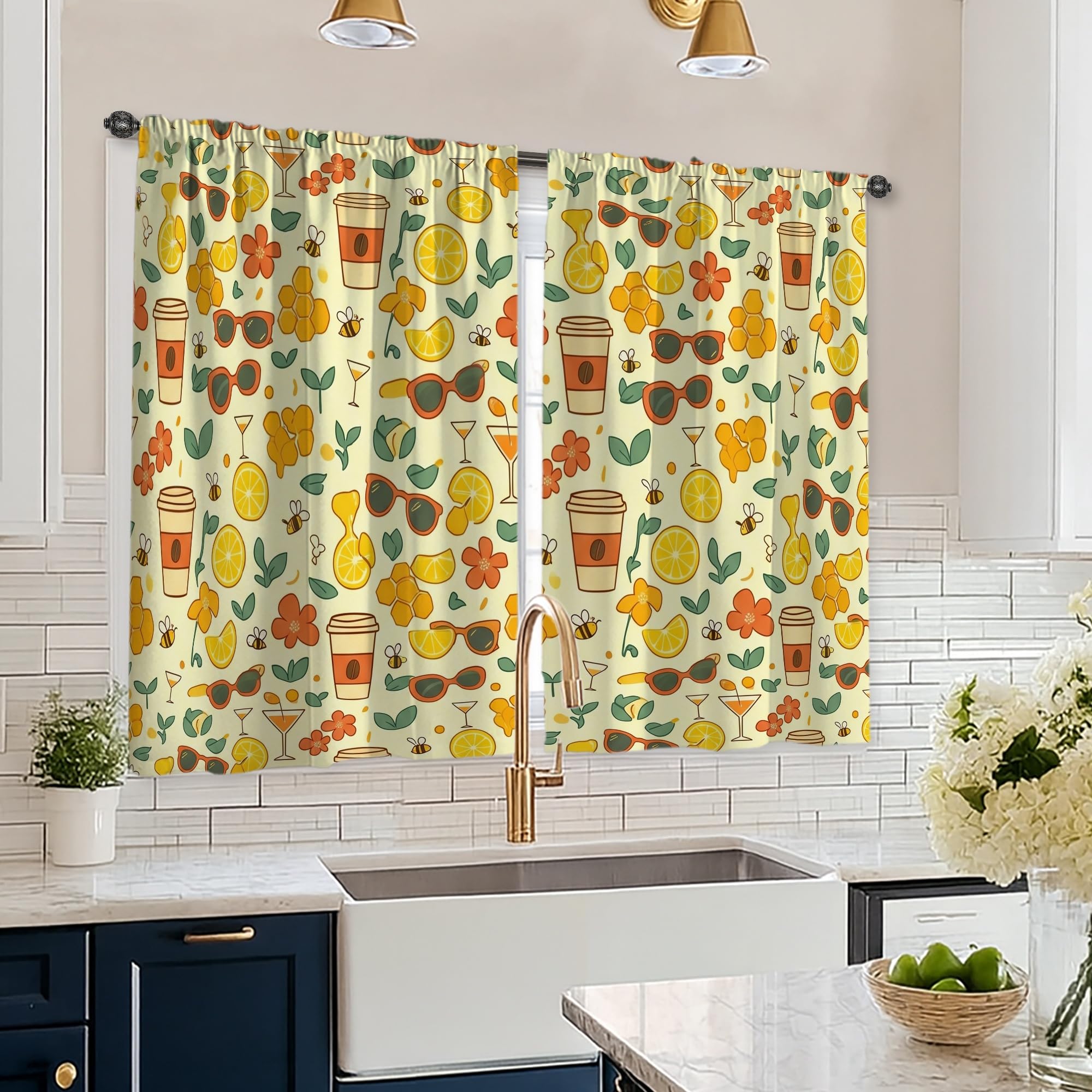 Rideau de cuisine à fleurs motif citron et tasse café pour petite fenêtre