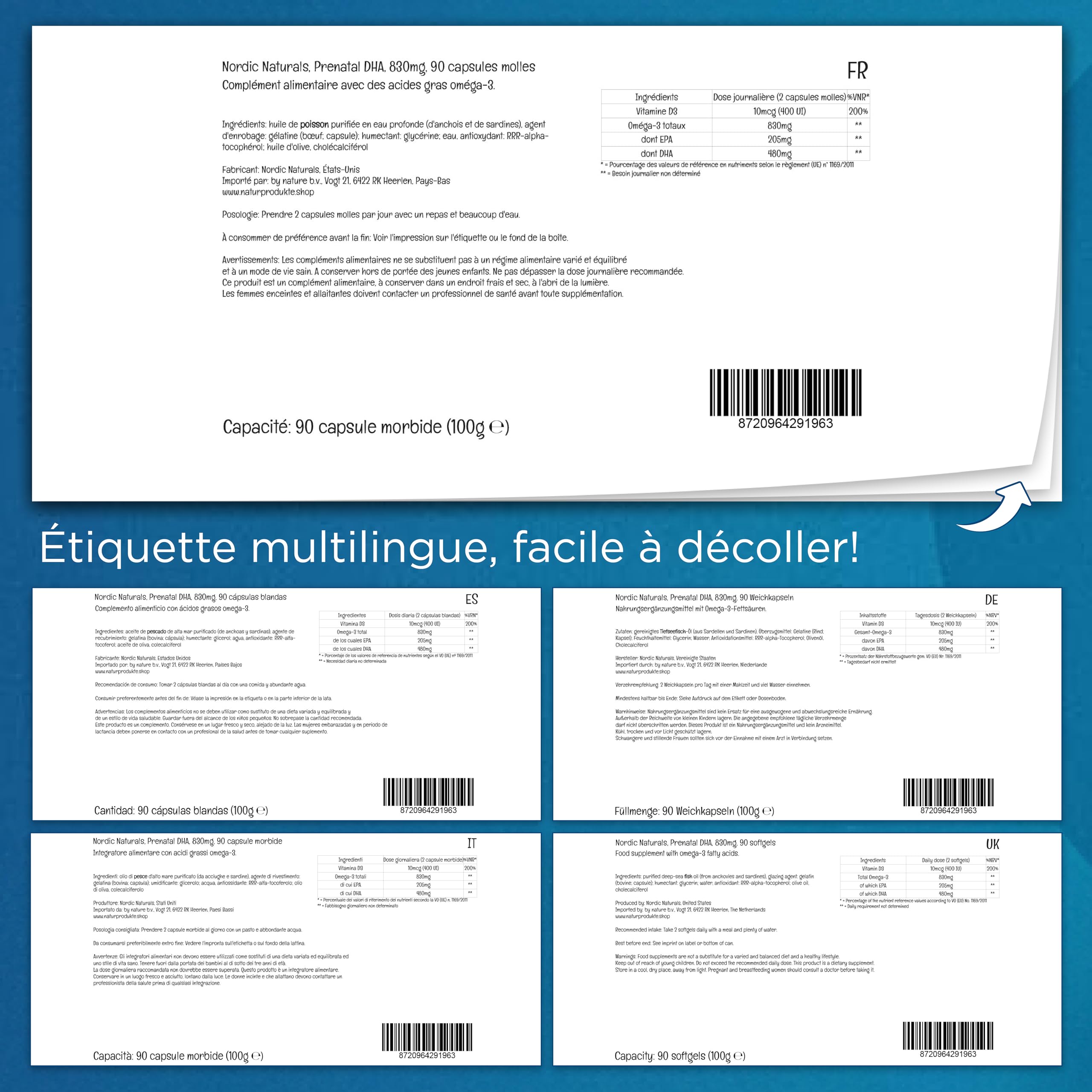 Nordic Naturals Prenatal DHA, 830mg d'oméga-3 avec EPA et DHA, Hautement dosé, Goût neutre, 90 Capsules molles, Testé en Laboratoire, Sans Soja, Sans Gluten, Sans OGM