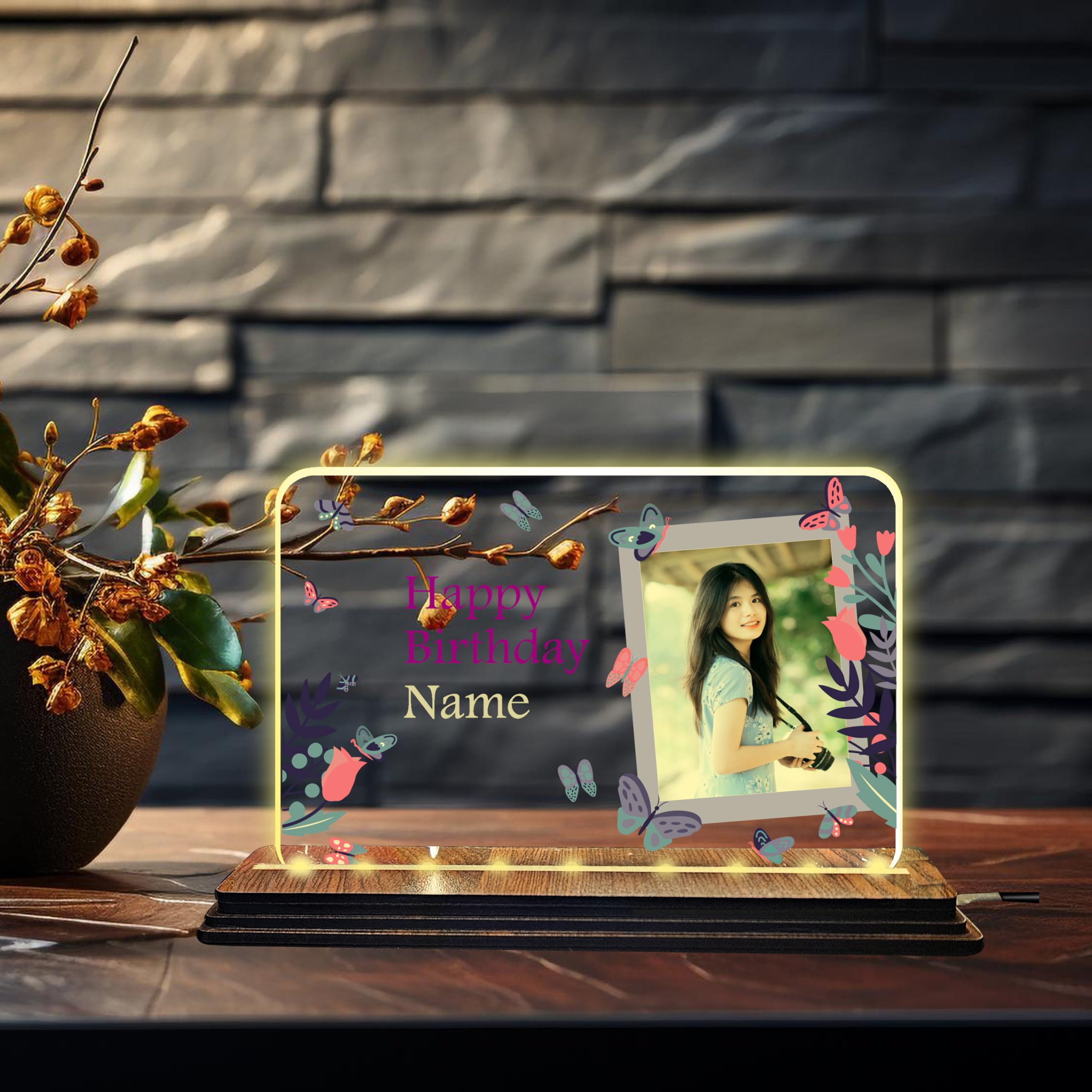 Brown Cloud Customised Acrylic Printed Happy Birthday LED Table Lamp/Plaque Personalised with Name, Birthday Decoration/Gift for Family & Friend (LED ACRY HB PRN WW 02)(D1)