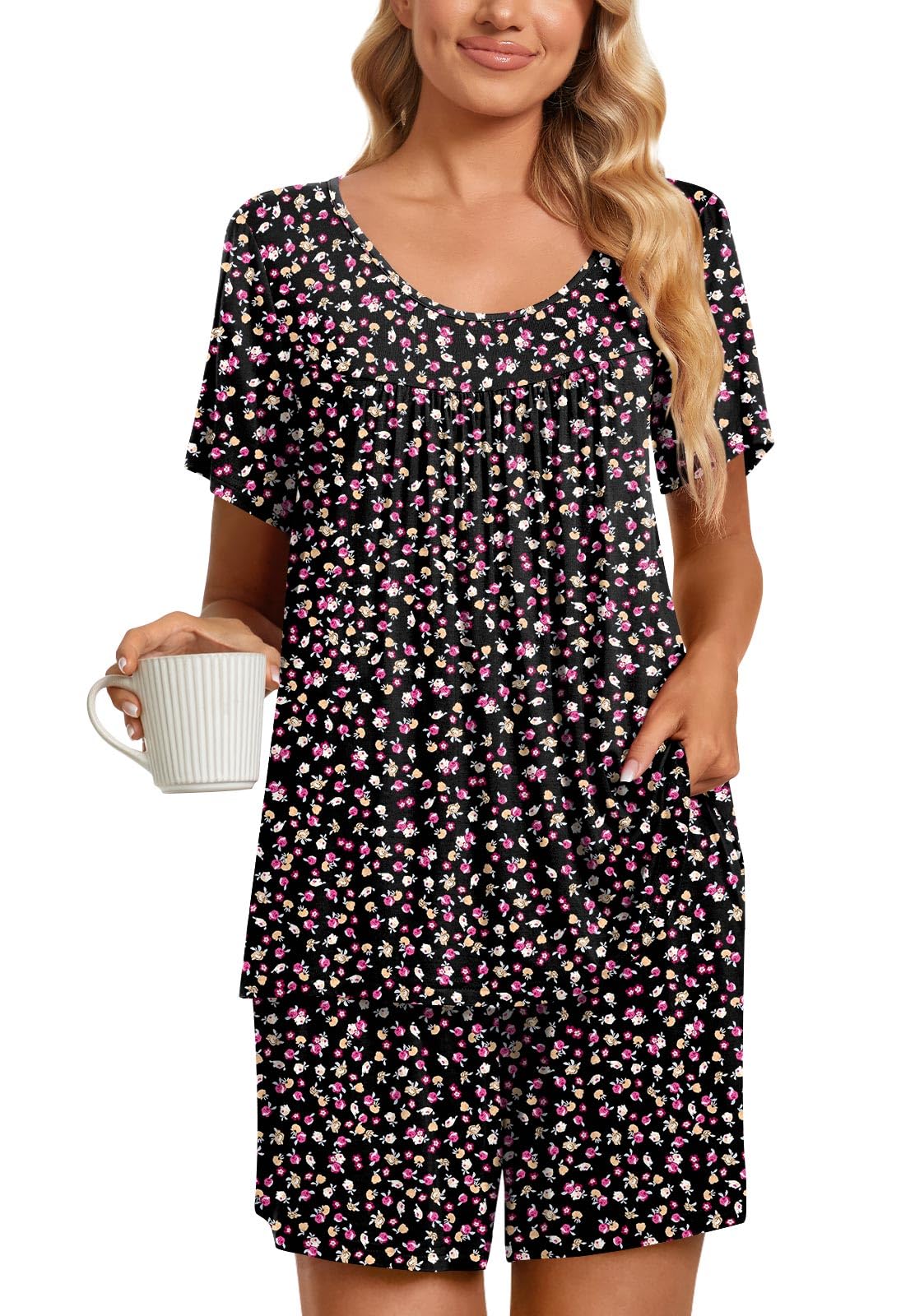TAOHUADAO 2 Piece Women's Short Sleeve Pajama Sets, Lounge Sleepwear Ladies Pjs Sets with Pockets
