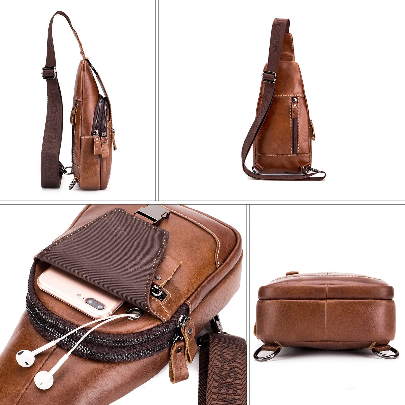 Herren Brusttasche aus PU-Leder - Wasserdichte Crossbody Umhängetasche für Handy, Casual & Outdoor Aktivitäten wie Wandern und Radfahren, braun