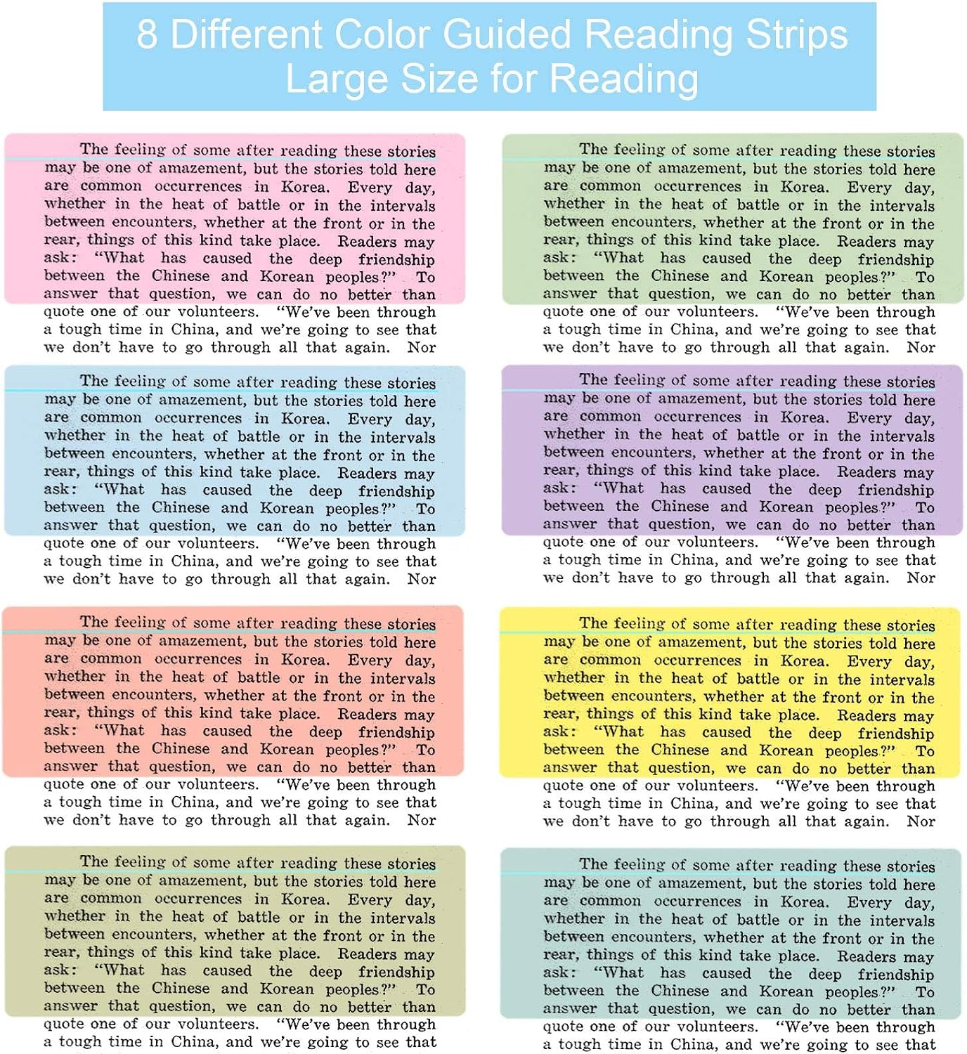 Guided Reading Highlight Strips Colored Overlays Bookmark Reading Tracking Rulers with Line for Dyslexia, ADHD and to Reduce Visual Stress (8 Pack) image 3
