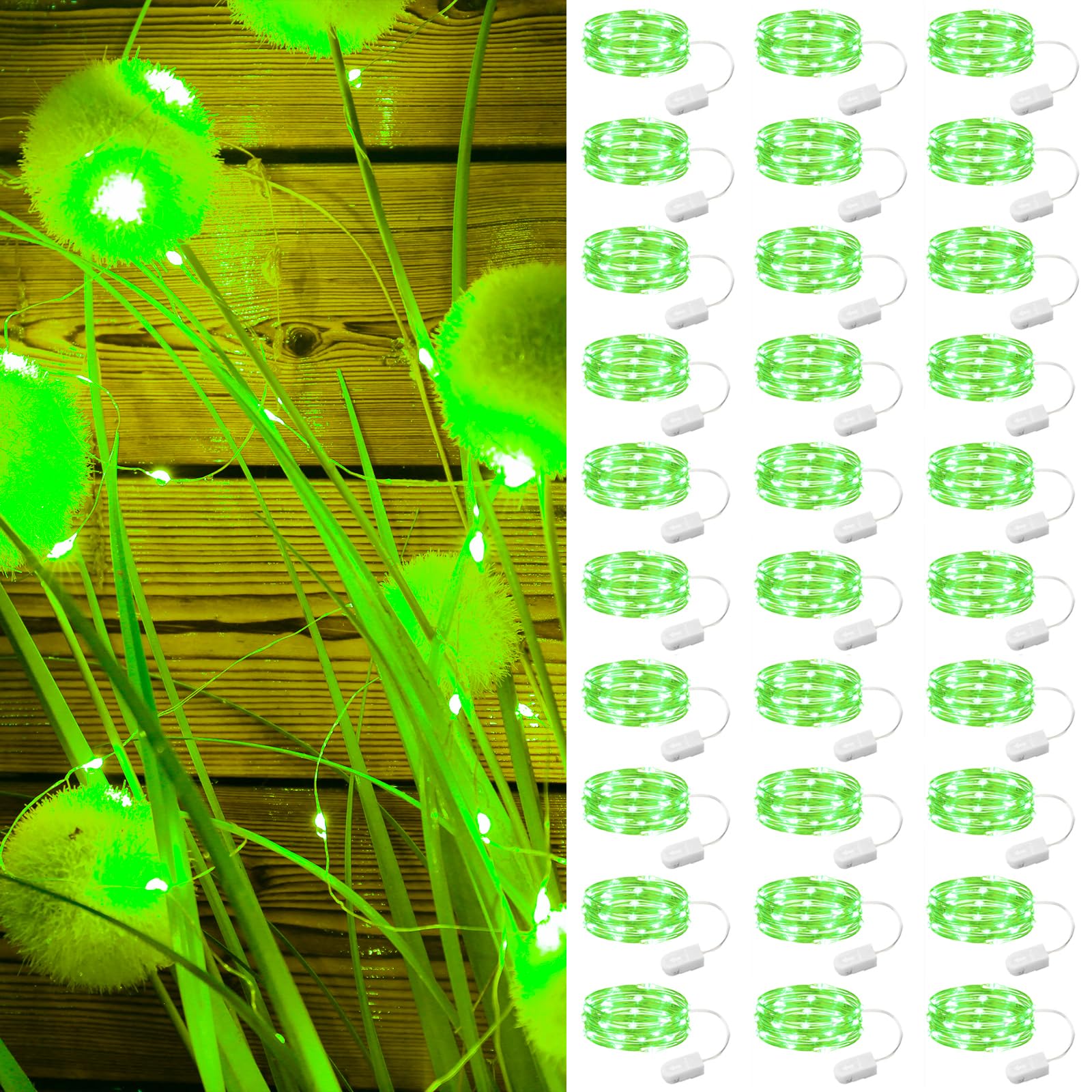 ZSJWL 30 Pack Green Fairy Lights Battery Operated, 7FT 20LED Mini Starry Light Mason Jar Lights for Indoor Outdoor Party Wedding Halloween