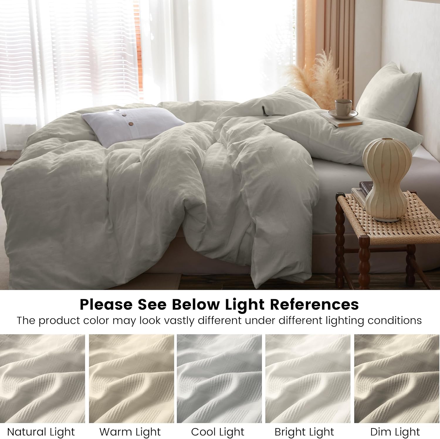 BISELINA 100% Cotton Duvet Cover Set Waffle Weave 2PCS (1 Comforter Cover, 1 Pillow Sham) Reversible Soft Skin-Friendly Breathable Shabby Chic Bedding for All Season - Cream Grey, Twin Size