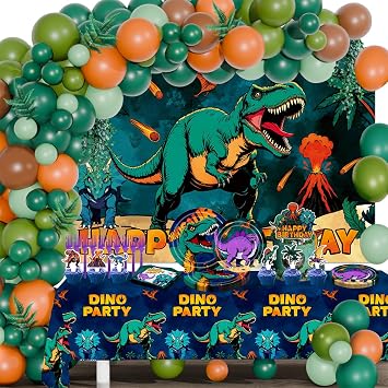 150Pcs Dinosaur Birthday Decorations Dinosaur Themed Party Decorations Set Includes Banner Backdrop Tablecloth Balloons Plates Forks Cake Toppers Cupcake Toppers