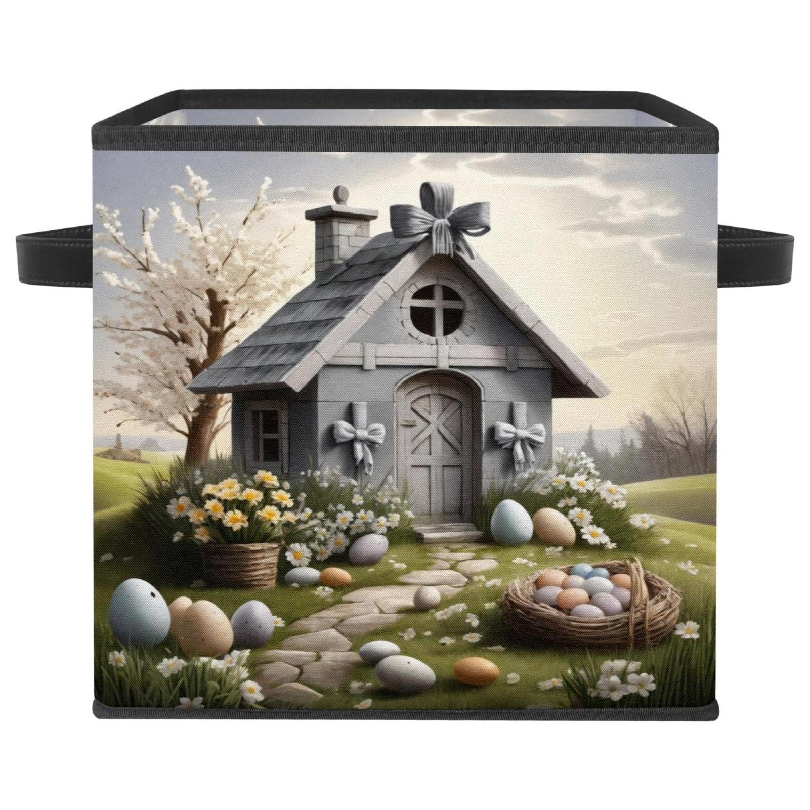 Grand bac de rangement cube gris, poignées cuir et motifs maison de Pâques