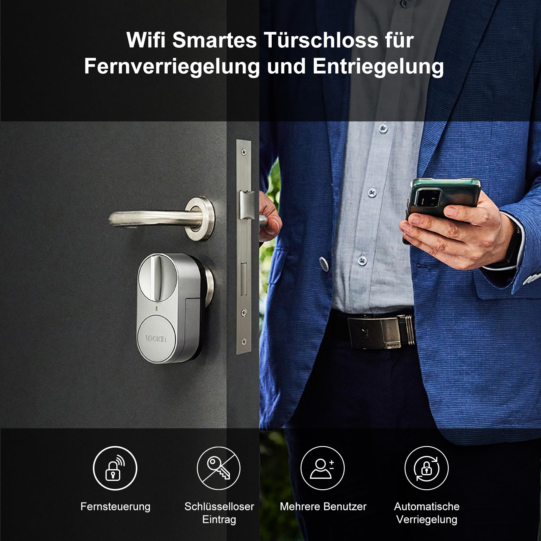 Lockin Smartes Türschloss G30 mit Keypad Pro, WLAN & App-Steuerung, Auto-Lock, Alexa- & Google-kompatibel, keyless Entry elektronisches türschloss, Fingerprint, Zutrittscode, Grau