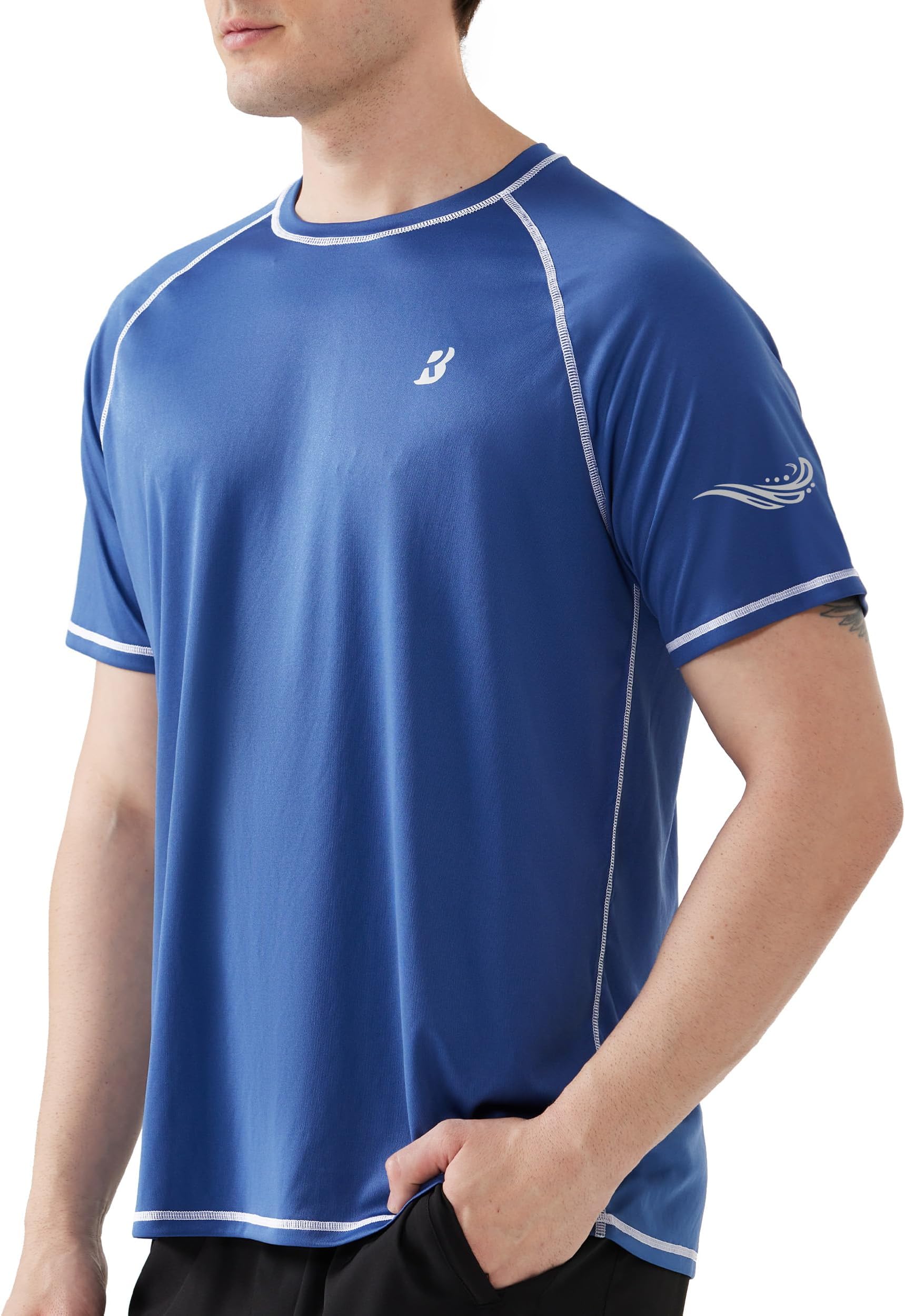Men's UPF 50+ Swim Shirts, Short Sleeve UV Sun Protection Rash Guard T-Shirt, Quick Dry Water Surfing Beach Tees