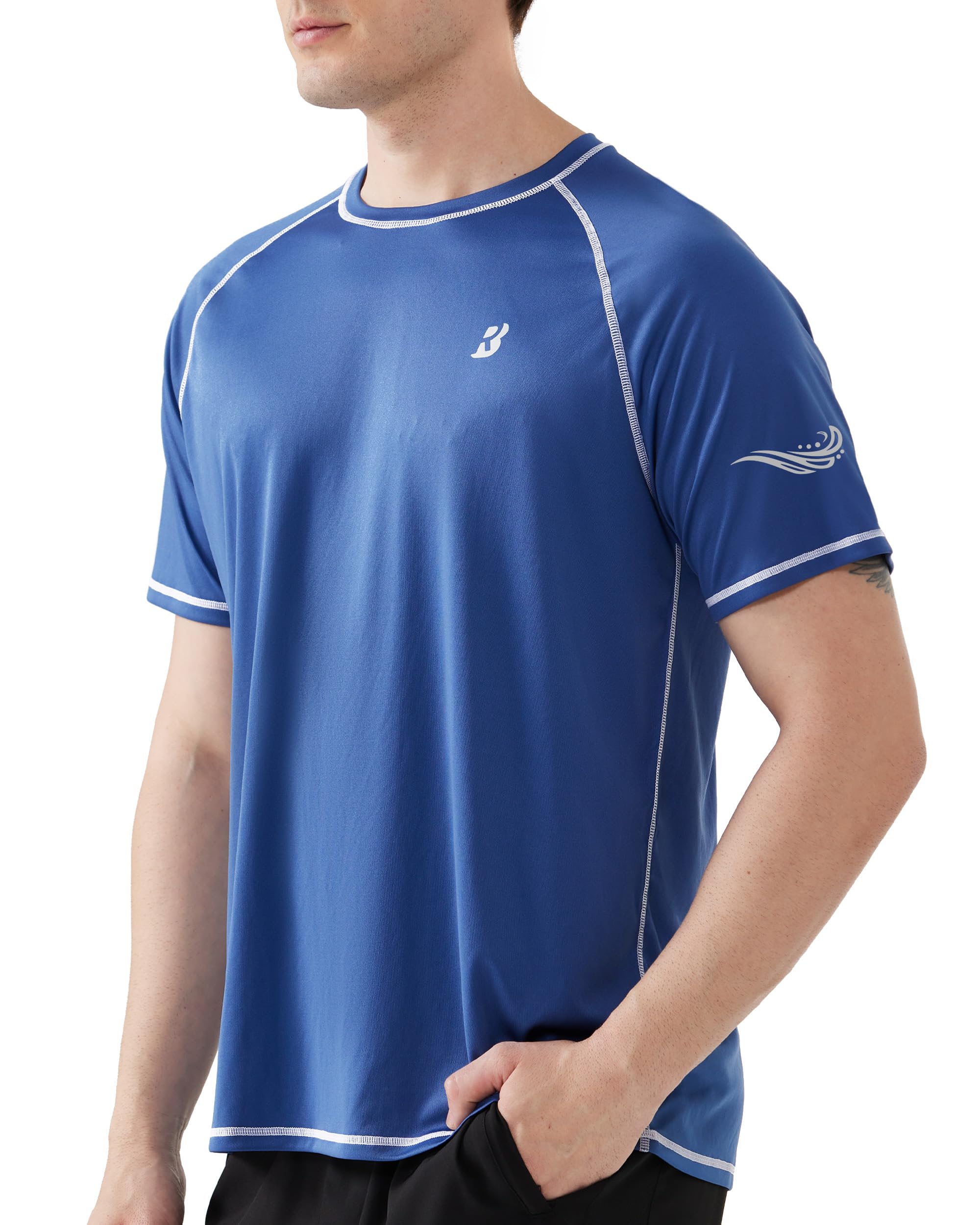 Roadbox Men's UPF 50+ Swim Shirts, Short Sleeve UV Sun Protection Rash Guard T-Shirt, Quick Dry Water Surfing Beach Tees