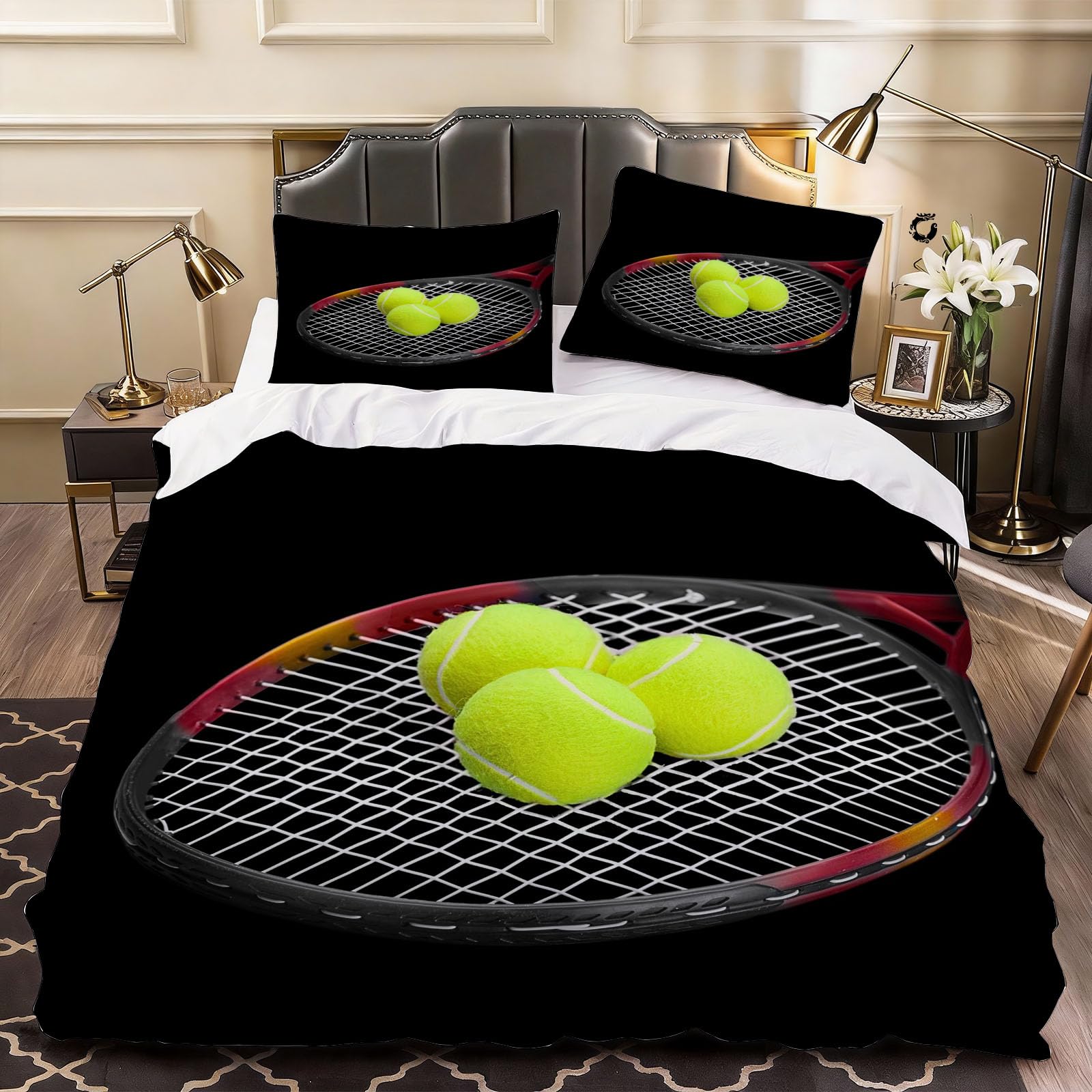 3D Tennis Racket Duvet Cover Sport Physical Education Bedding Super King Bed Set, Soft Microfiber Comforter Cover Printed with Zipper Closure Quilt Coverr 260x220 cm and 2 Pillowcases