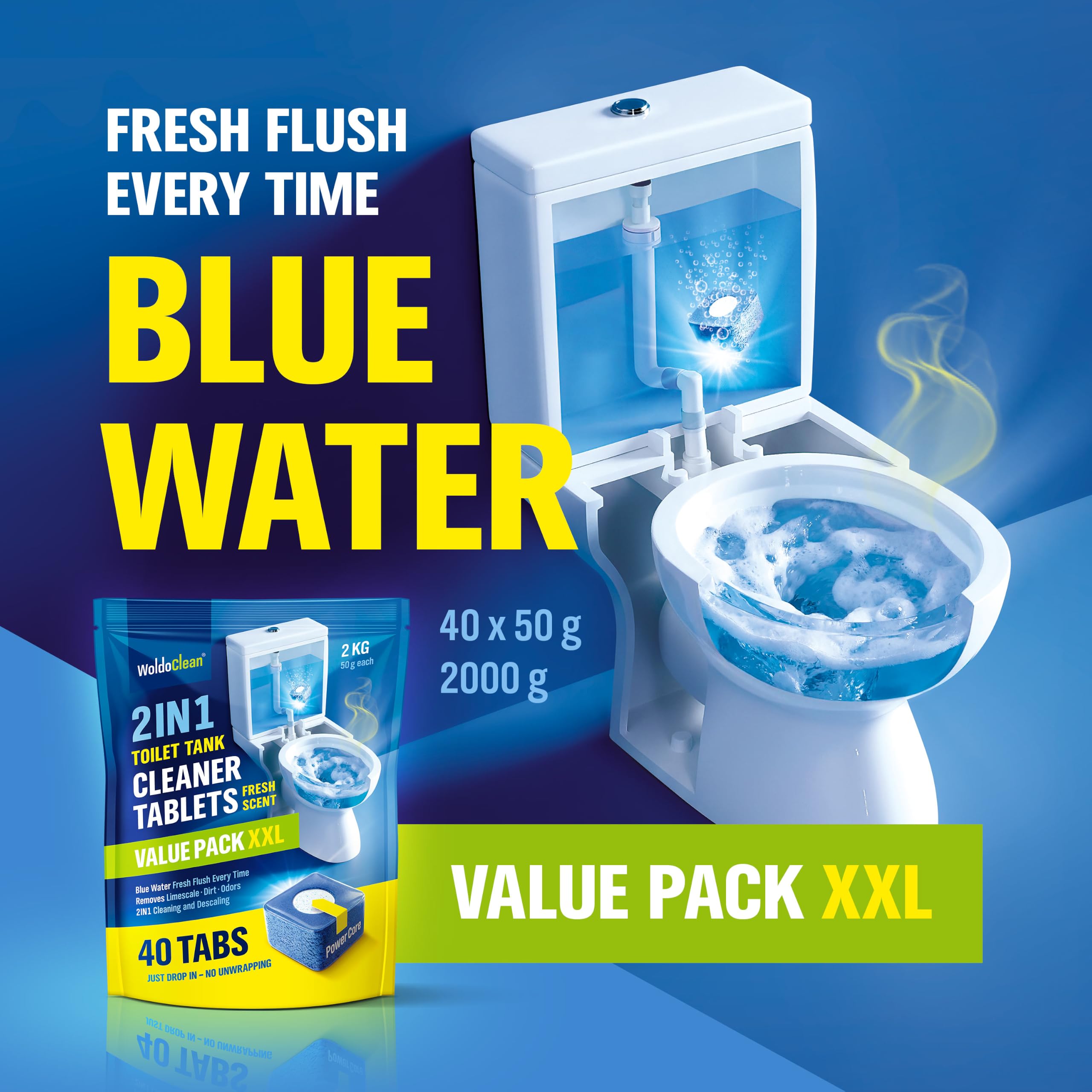 WoldoClean 2in1 Pastillas Cisterna WC Limpiador – Antical Agua Azul 40 | discos WC, limpiador inodoro, antical, inodoro sin reborde, empotrada