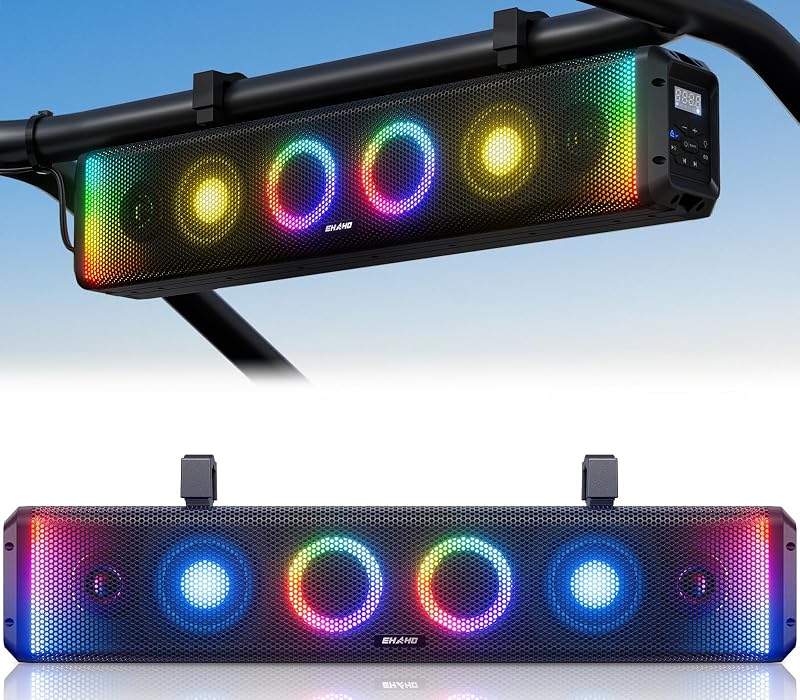 26 Inch 6-Speaker UTV Sound Bar with Bluetooth, RGB, IP66 Waterproof | Plays to 120dB | BT 5.4 & Auracast, Music-Sync RGB, 3 EQ, Detachable Cable, Fits 1"-2" Roll Cages for UTV Golf Cart SXS ATV