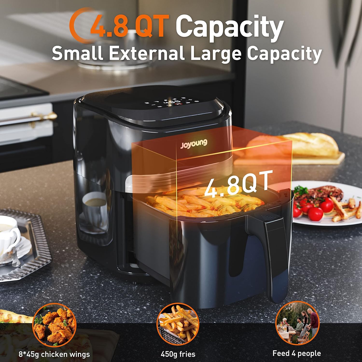 JOYOUNG Friggitrice ad aria calda Air fryer con touch screen digitale, 8 programmi automatici, Air Fryer 4,5 l, Oilless Cooker, Preriscaldamento e mantenimento caldo, Schwartz JOYOUNG Friggitrice ad aria calda Air fryer con touch screen digitale, 8 programmi automatici, Air Fryer 4,5 l, Oilless Cooker, Preriscaldamento e mantenimento caldo, Schwartz