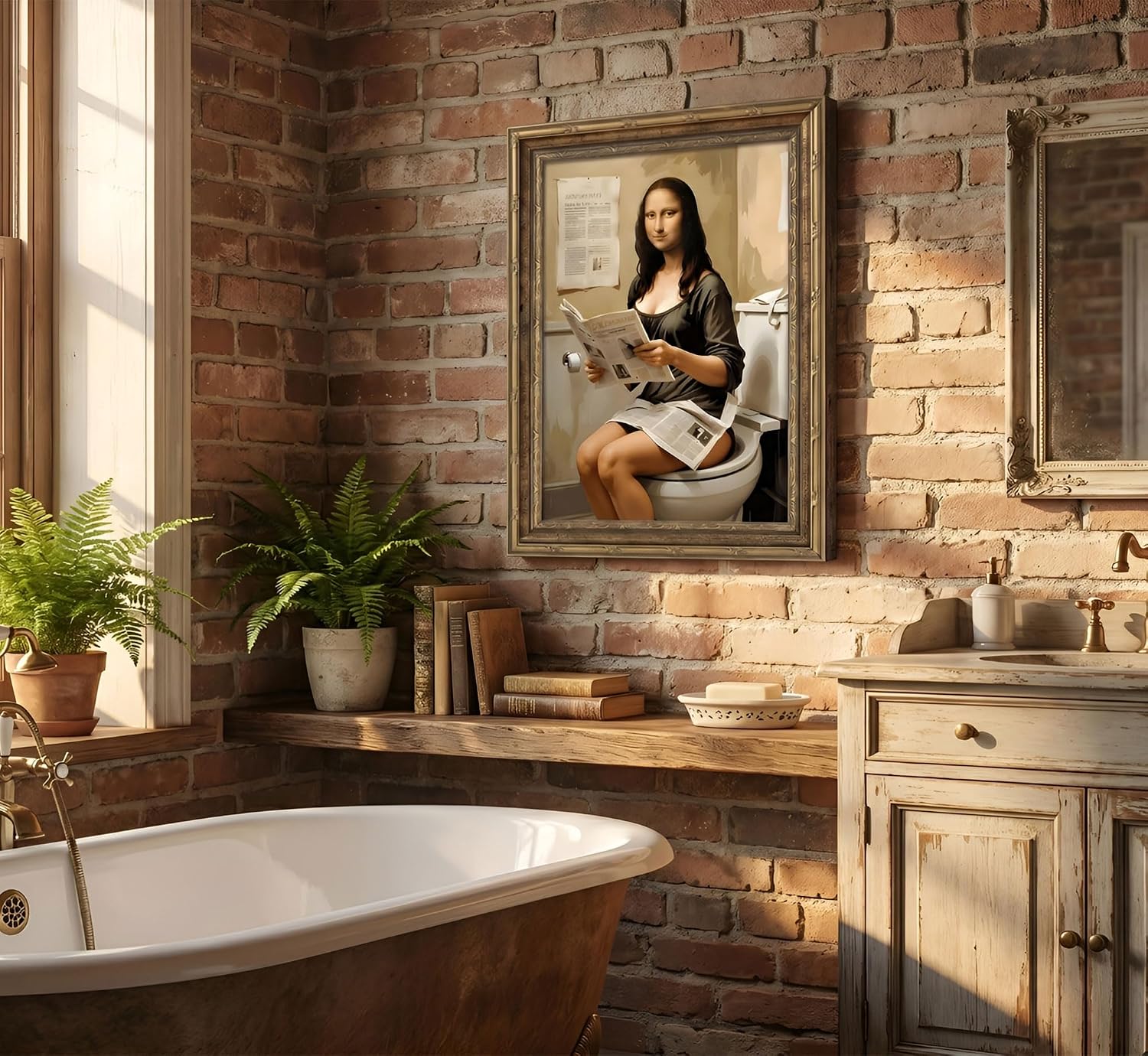 Vintage Gold Framed Funny Bathroom Mona Lisa Canvas Wall Art 12x16in image 2