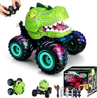 Drefirsa Dinosaur Monster Truck for Boy Age 4-7, Dino Remote Control Car | 60min+ Runtime, Trex Dinosaur Toy Car with Spray, Light, Music, Stunt, Birthday Gift for Boy 3 4 5 6 7 8 9 10 Year Old