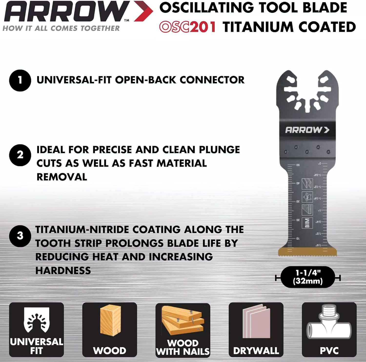 Arrow OSC201-10 Titanium Coated Bi-Metal Oscillating Tool Blades for Metal (nonferrous), Wood, Wood with Nails, PVC, Drywall, Universal, Fits Most Multitools, 1-1/4 inch, 10-Pack