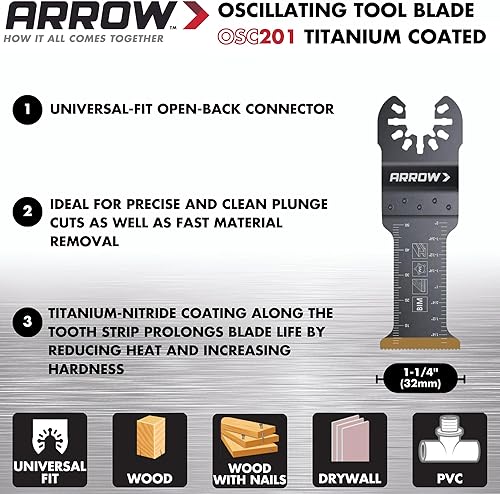 Miniatura 2 de Arrow OSC201-10 - Cuchillas oscilantes bimetálicas con revestimiento de titanio para metal (no ferroso), madera, madera con clavos, PVC, paneles de
