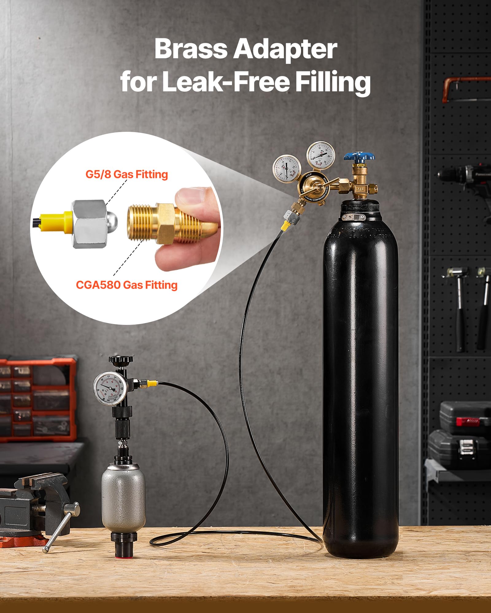 VEVOR Kit de Carga para Almacenamiento Hidráulico de Nitrógeno, Impermeable, con 3 Manómetros 103/276/414 bar, 6 Acopladores Adaptadores, 1 Manguera de Gas, 1 Válvula, 1 Adaptador CGA580, Negro