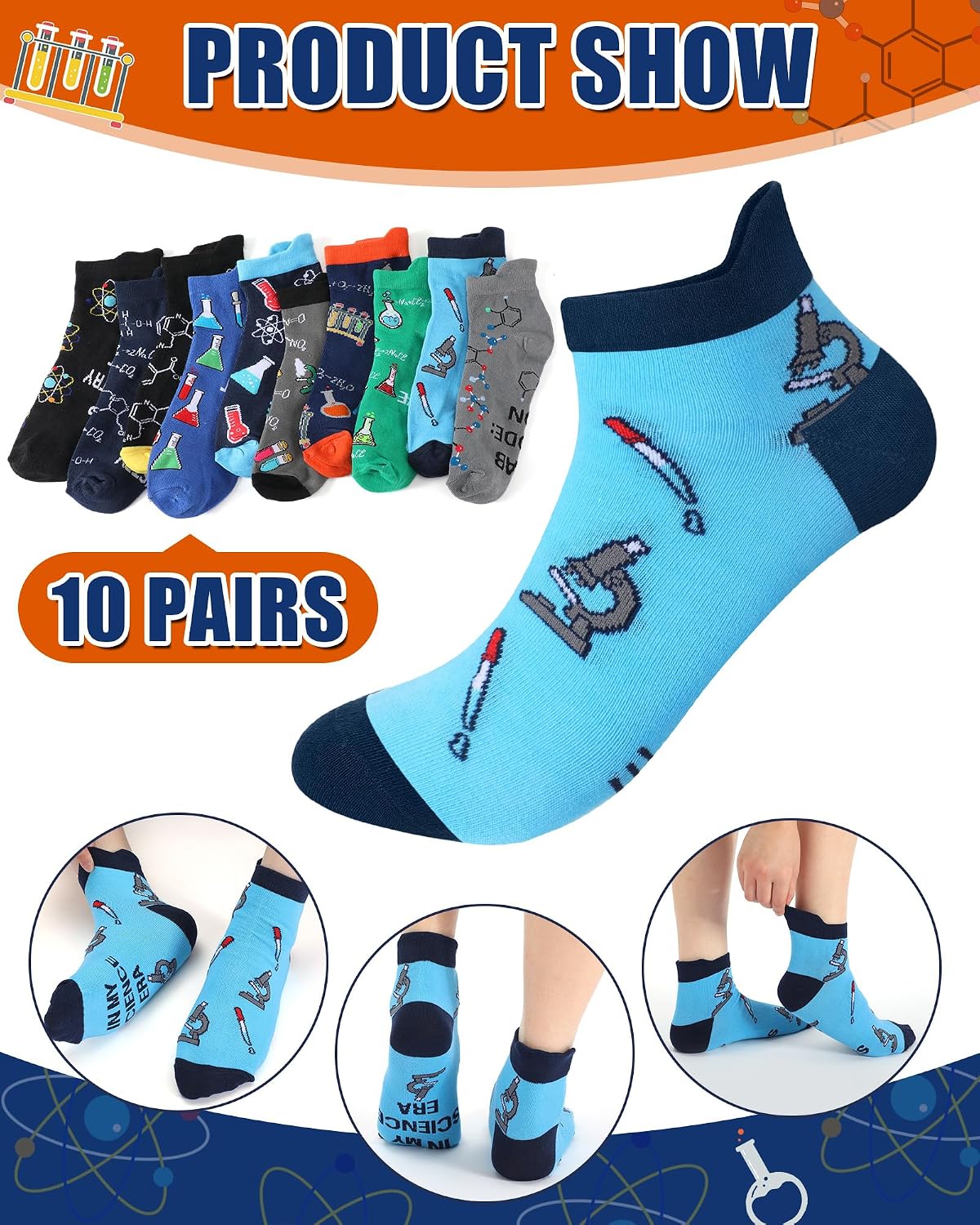 Janmercy 10 Pairs Funny Science Themed Socks for Men Novelty Chemistry Cotton Ankle Sock Gifts for Science Teacher Chemist