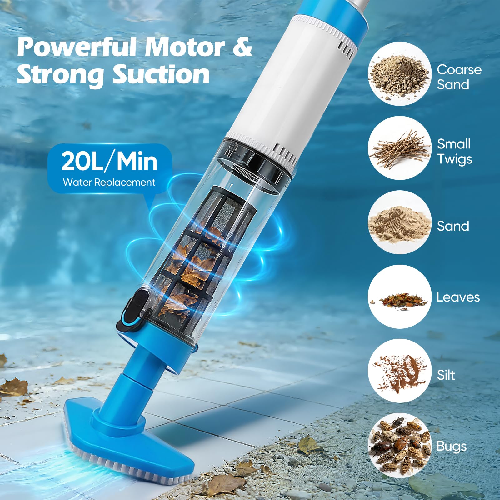 Aspirateur Piscine sans Fil Puissant débit 20L/Min Démarrage Automatique par Capteur Immergé,3 Buses Interchangeables,Poignée Télescopique 103-162cm Idéal Piscine Hors Sol et Enterrée