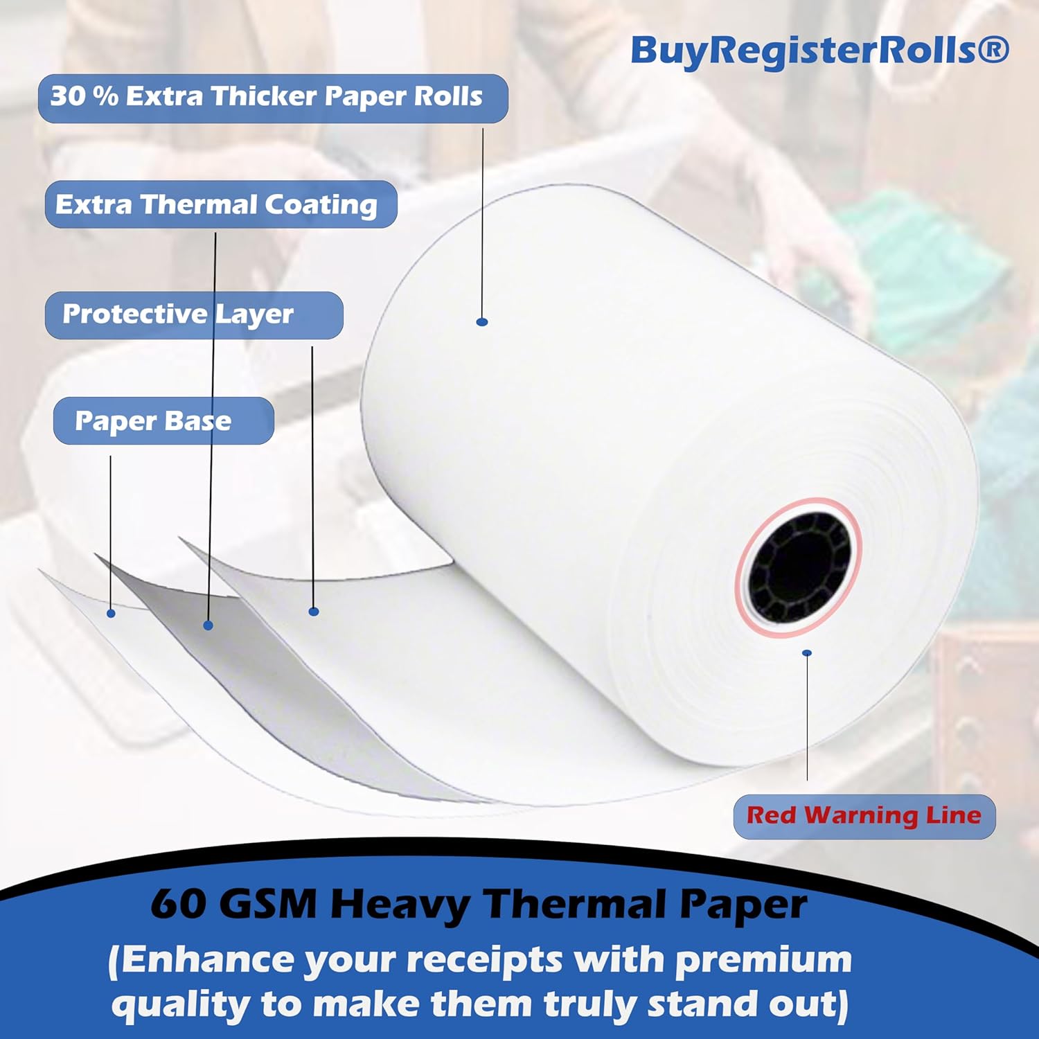 60 GSM Heavy Thermal Paper 3 1/8 x 230' thermal receipt paper (50 rolls - 60 GSM) Fits All POS Cash Registers Printers Clover Square Stations, Star Micronics SCP700, TSP100