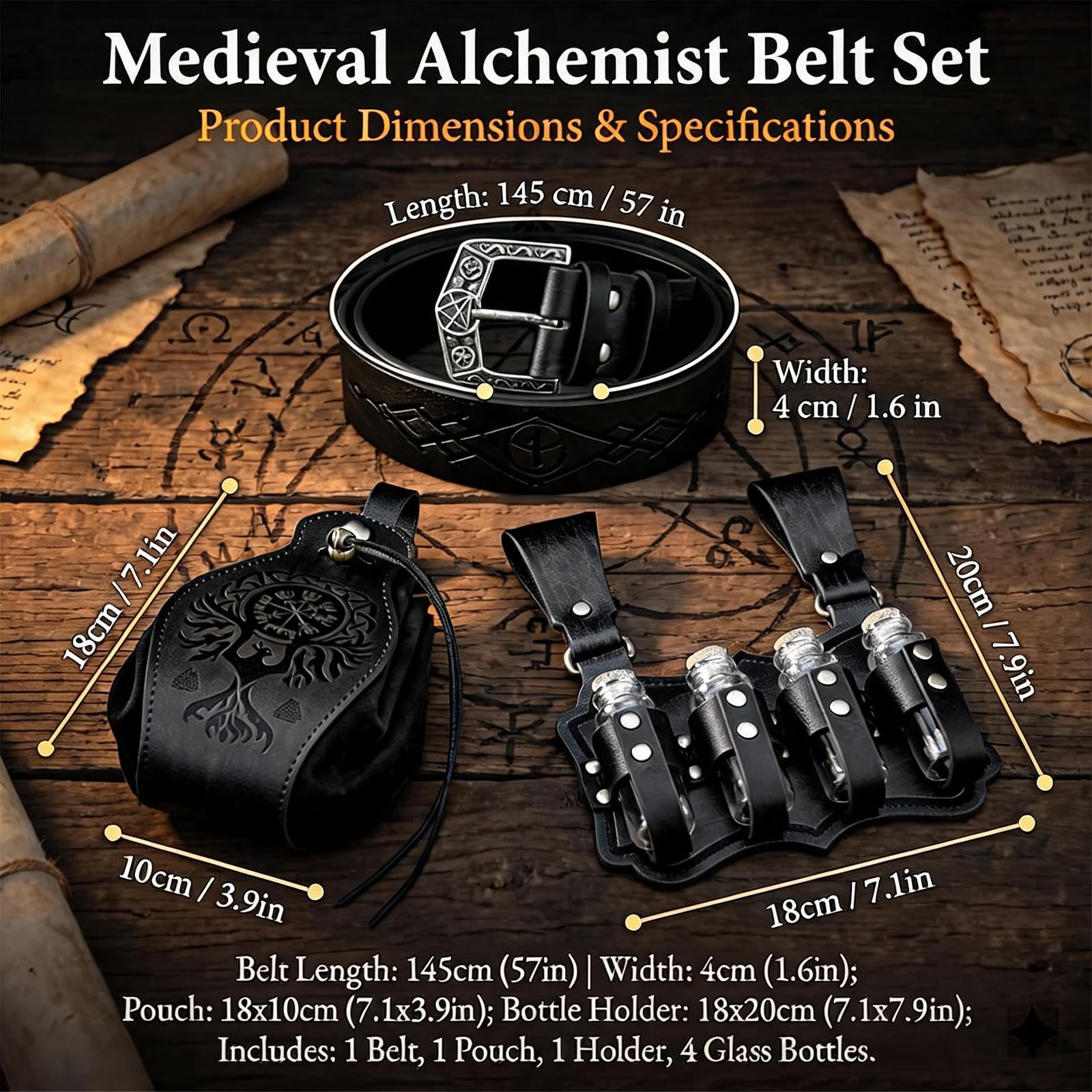 Juego de cinturón medieval con riñonera y varias botellas de poción, riñonera vikinga, piel sintética, diseño de magia, botella de poción mágica para cosplay, carnaval