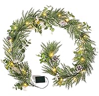 Vista 1 de Guirnalda de Navidad de 6 pies con 20 luces LED, guirnalda de abeto artificial preiluminada con piña de eucalipto y bayas, funciona