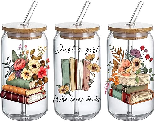 Adhesivo de transferencia de vidrio UV DTF - 3 piezas de transferencia de manualidades con texto en inglés "Just A Girl Who Loves Books", calcomanía