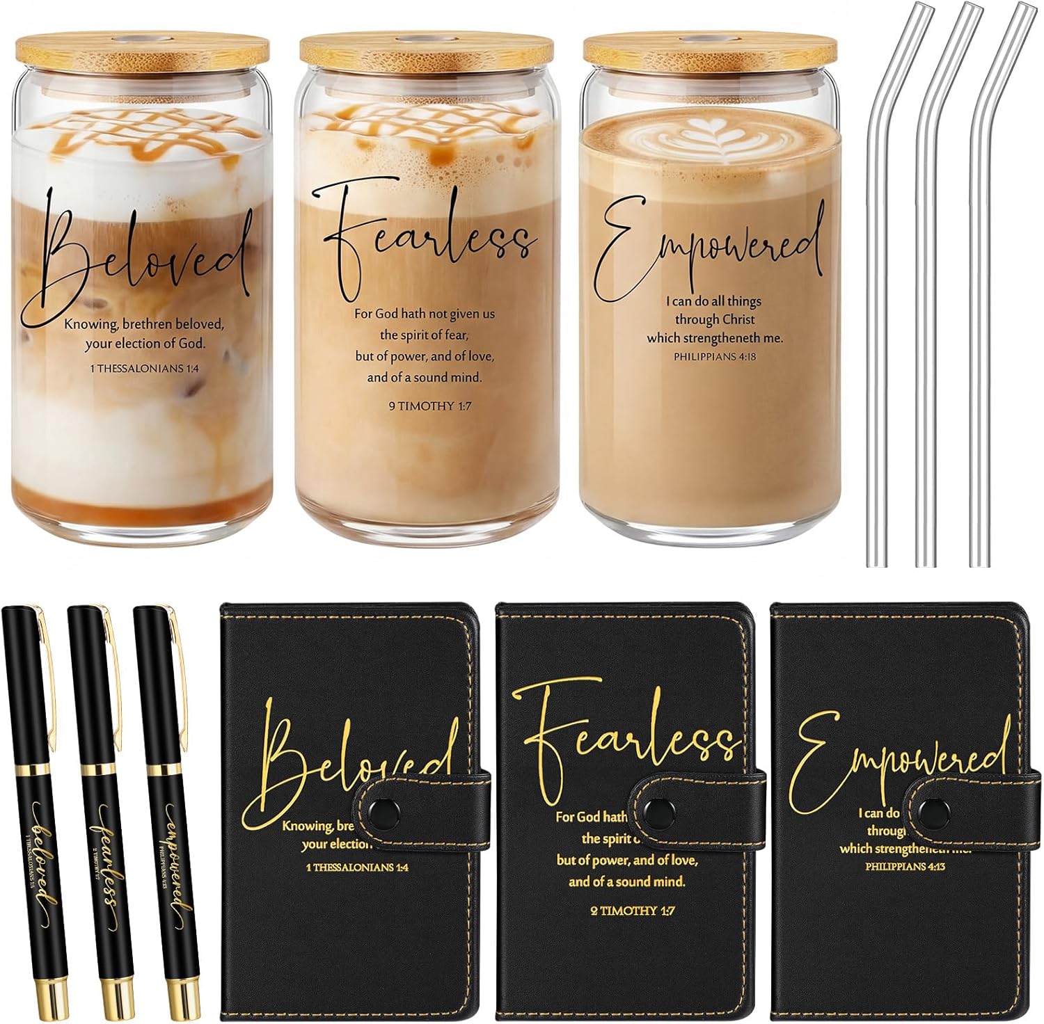 18 Pcs Easter Christian Gift Bulk for Women Men 16 Oz Glass Cups with Lid Straw Bible Notebook Leather Prayer Journal with Pen Mother's Day Religious Gift for Church (Bible Words,Black)