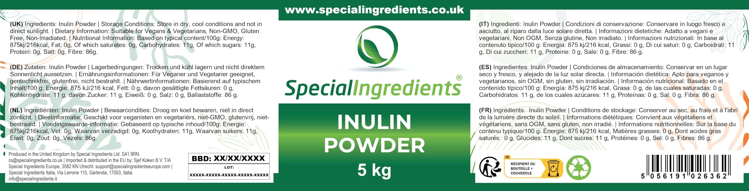 Special Ingredients Inulin Pulver, Ballaststoff, 5000 g