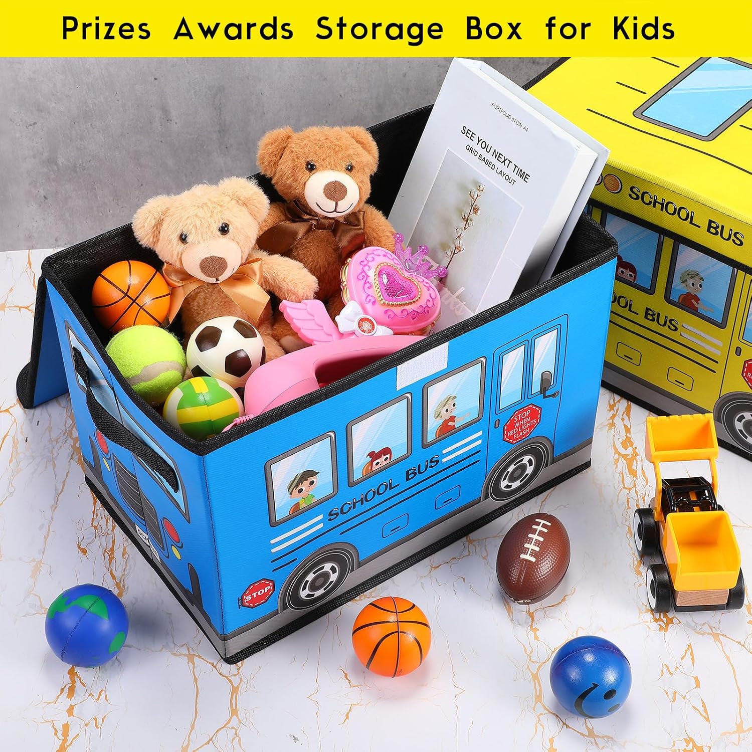 Sweetude 2 Pcs School Bus Treasure Box for Classroom, Yellow, Blue image 4