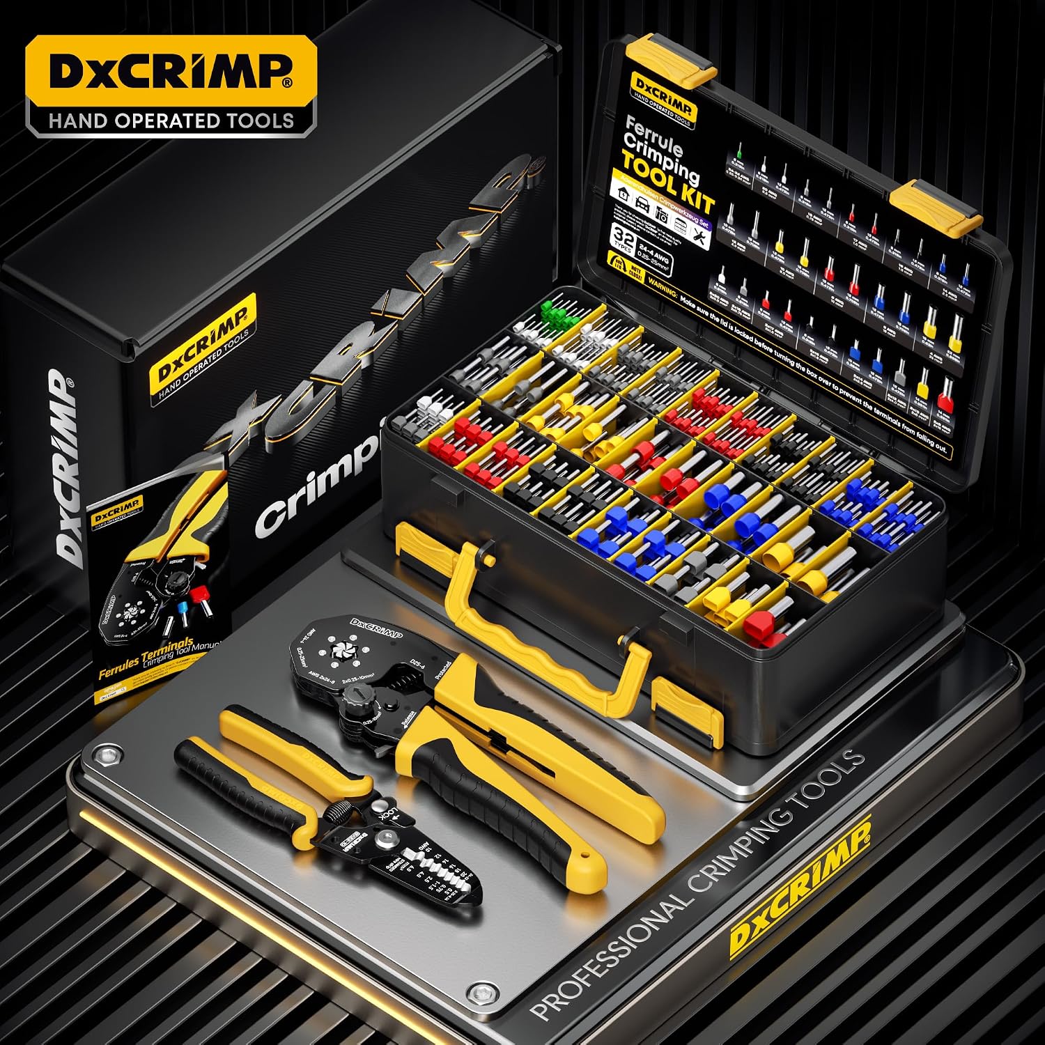 Ferrule Crimping Tool Kit, AWG 24-4 (0.25-25mm²) Self-Adjusting Hex Ratchet Crimper, 32 Types Insulated & Twin Wire Ferrules - for DIY Electrical, Control Panels, Car Audio, Solar & RV
