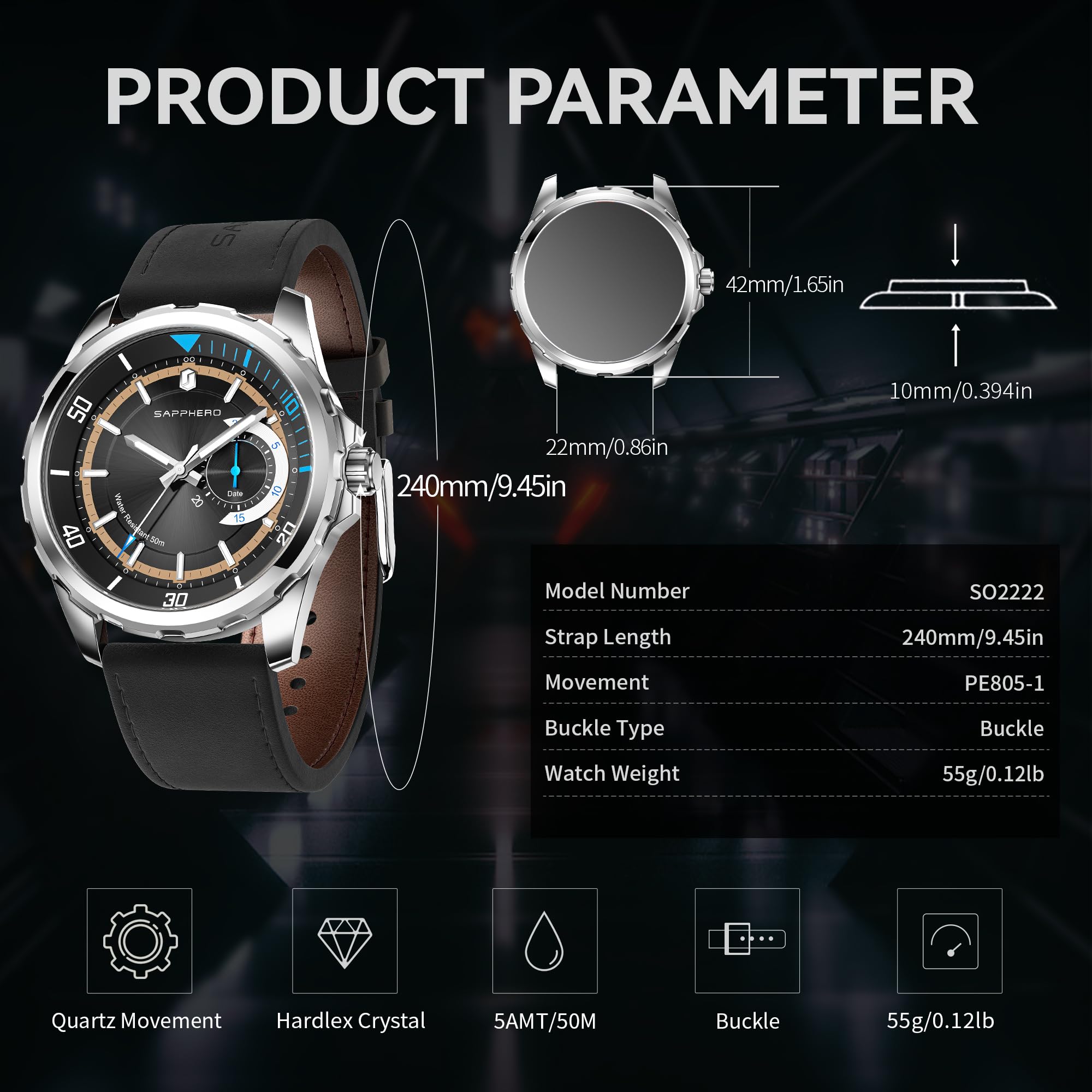 SAPPHERO Orologio analogico al quarzo da uomo, quadrante con datario e numeri arabi, impermeabile 50 m, luminoso, stile business e sportivo, cinturino in acciaio inox e pelle, elegante regalo per lui