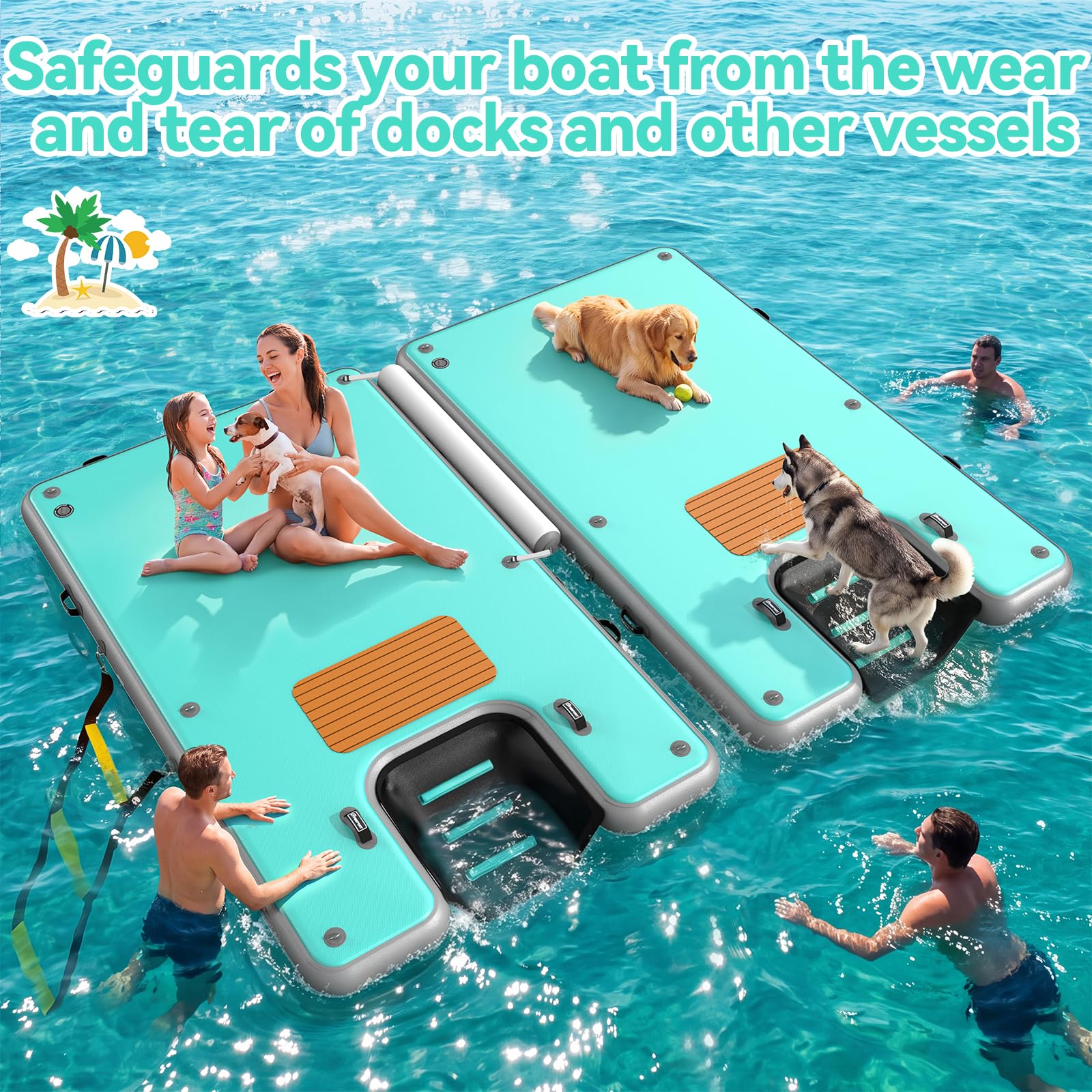 FBSPORT Aufblasbare Schwimmplattform mit Hunderampe, rutschfeste Luft-Schwimmplattform mit Wasserleiter und Kopfstütze, Aufblasbare Wasserinsel für Pool, See, Strand und Meer