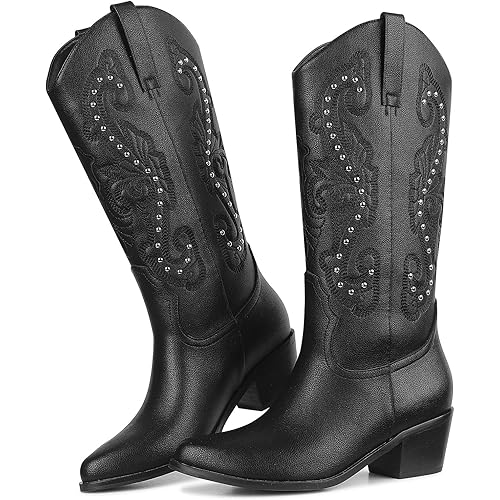 mikarka Cowboy Boots for Women Western Cowgirl Boots Embroidered Pointy Toe Sassy Chunky Heel Modern Ladies Mid Knee High Boots