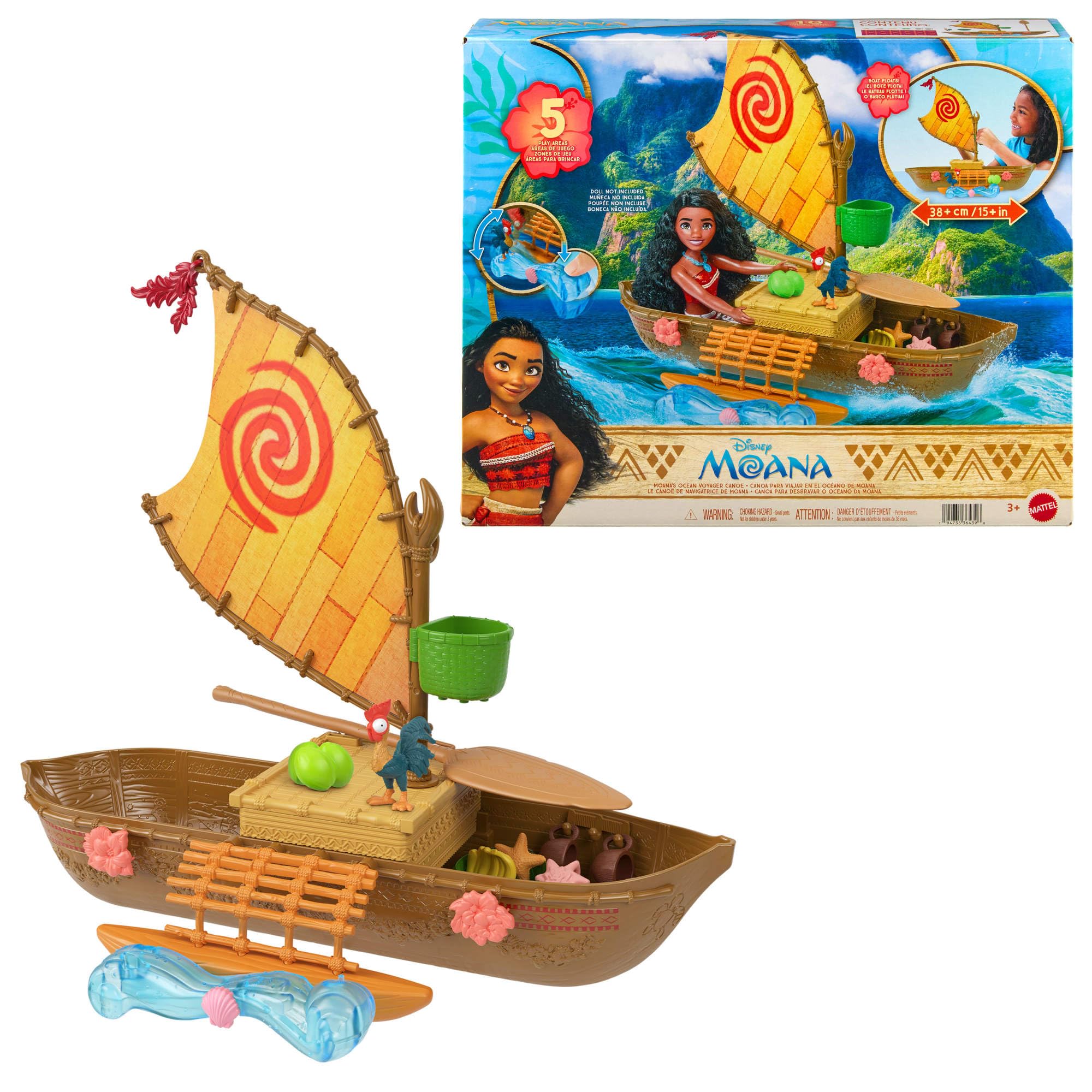 Mattel Playset Disney Vaiana Esploratrice dell'Oceano in Canoa | 5 aree gioco, 9 accessori, personaggio animale Heihei e dondolo, ispirato al film Disney, JLN22