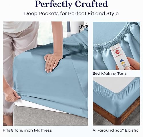 Vista 111 de Juego de sábanas de 400 hilos y 6 piezas, tamaño King, con 4 fundas de almohada, ropa de cama de 100 % algodón con tejido satinado, color azul 12