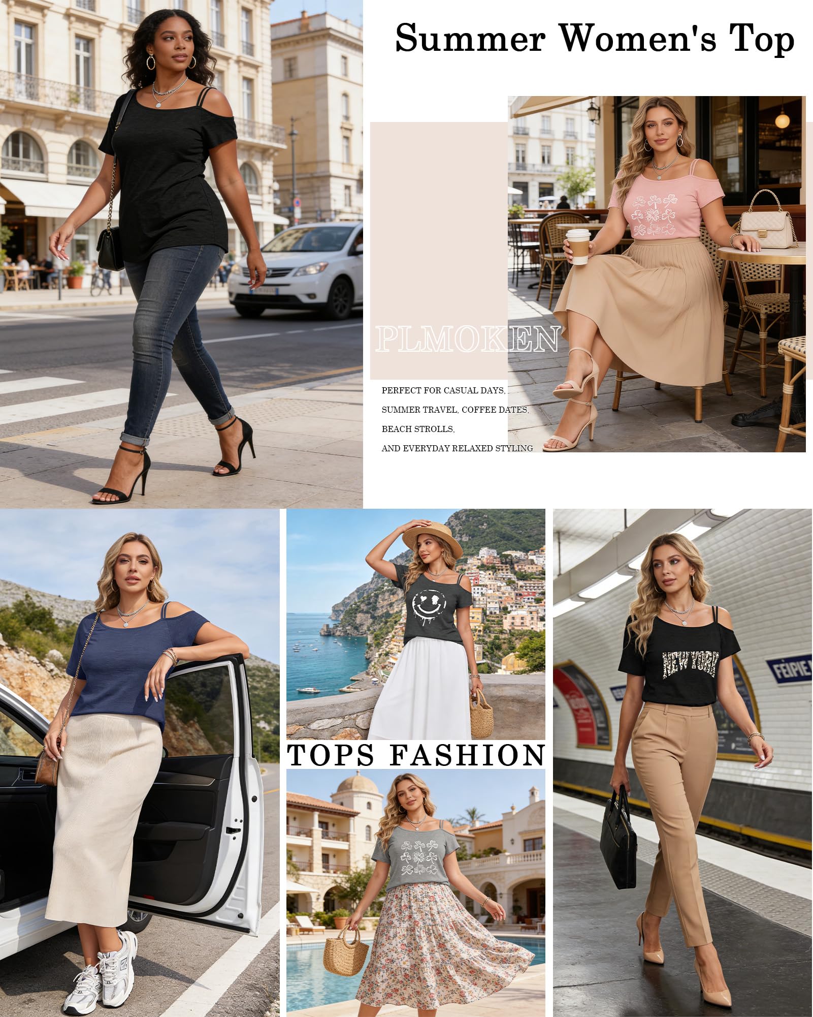 PLMOKEN Tee Shirt Femme Épaule Asymétrique Dénudée Haut Manches Courtes Chic Élégant d'Été