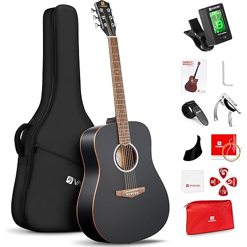 Vangoa Dreadnought Acoustic Guitar 41 Inch Set, 4/4 Full Size Acustica Guitarra Kit for Beginners Adults Youth Kids, Wooden Binding Starter Guitar Bundle with Travel Gig Bag, Capo, Tuner, Strap, Black