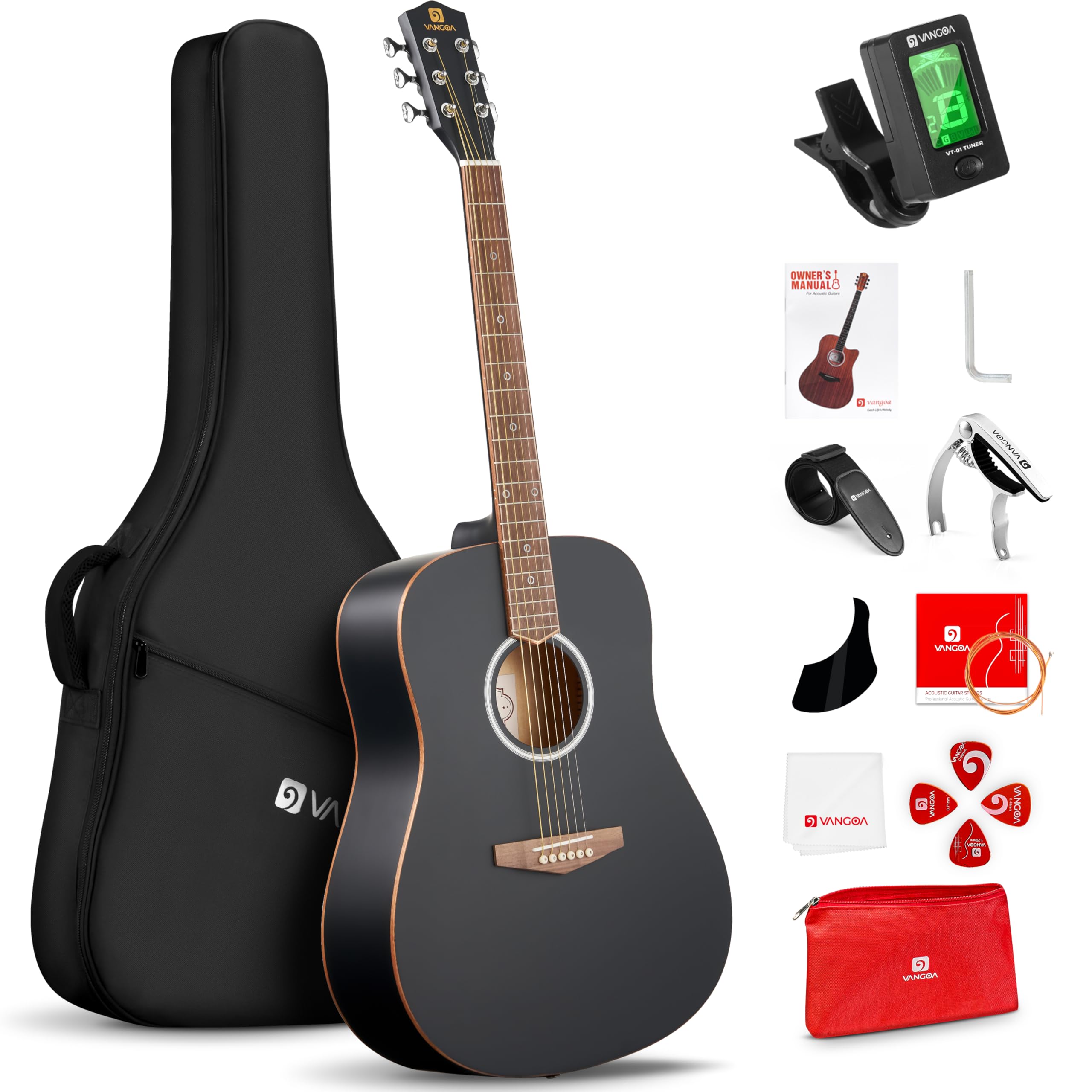 Vangoa Dreadnought Acoustic Guitar 41 Inch Set, 4/4 Full Size Acustica Guitarra Kit for Beginners Adults Youth Kids, Wooden Binding Starter Guitar Bundle with Travel Gig Bag, Capo, Tuner, Strap, Black