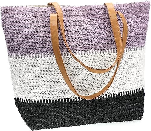 Miniatura 6 de Bolso grande de paja para mujer, tejido de ratán, bolso de playa de verano, a rayas, de color