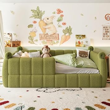 Bellemave Full Size Upholstered Montessori Floor Bed with Fence,Green