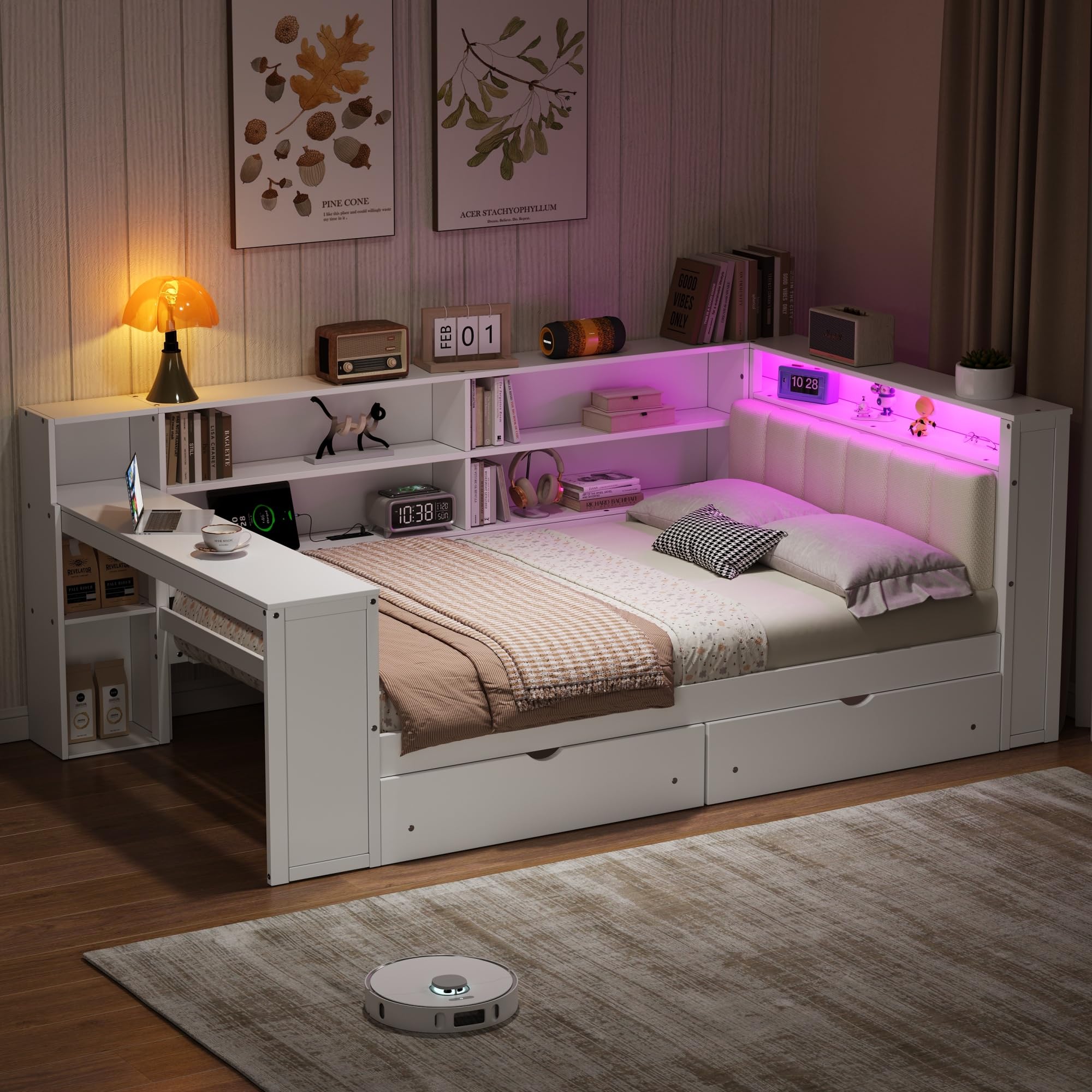 CITYLIGHT Full Size Daybed with Storage Drawers and Shelves, Desk, Full Size Corner Bed with LED,Upholstered Headboard,Charging Station for Bed Room,