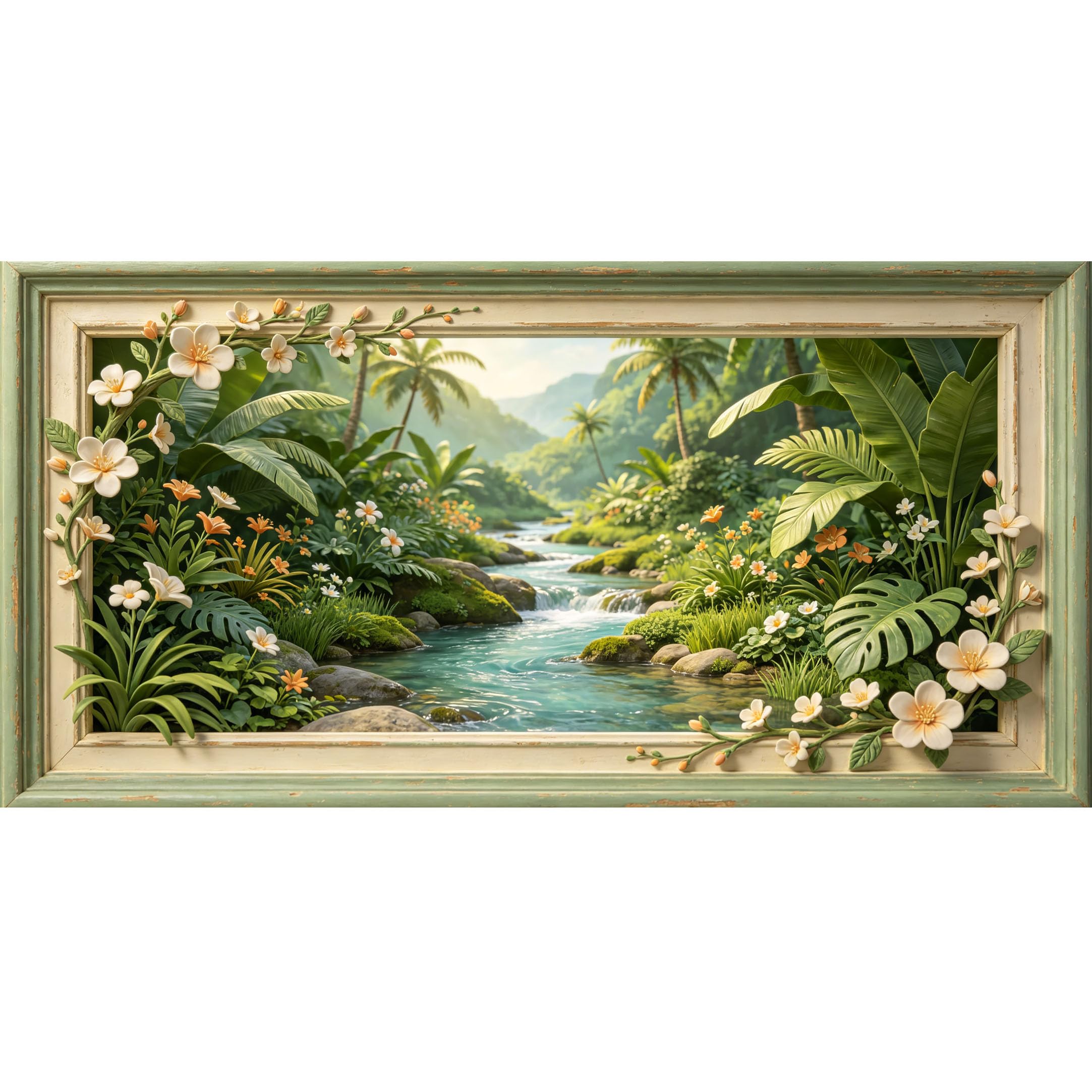Agglomerix 3D Framed Wall Art Tropical River Palm Leaf White Blossom Botanical Trompe l'oeil Large Size SelfAdhesive Removable Wall Decor Prints Artwork for Living Room Bedroom Office