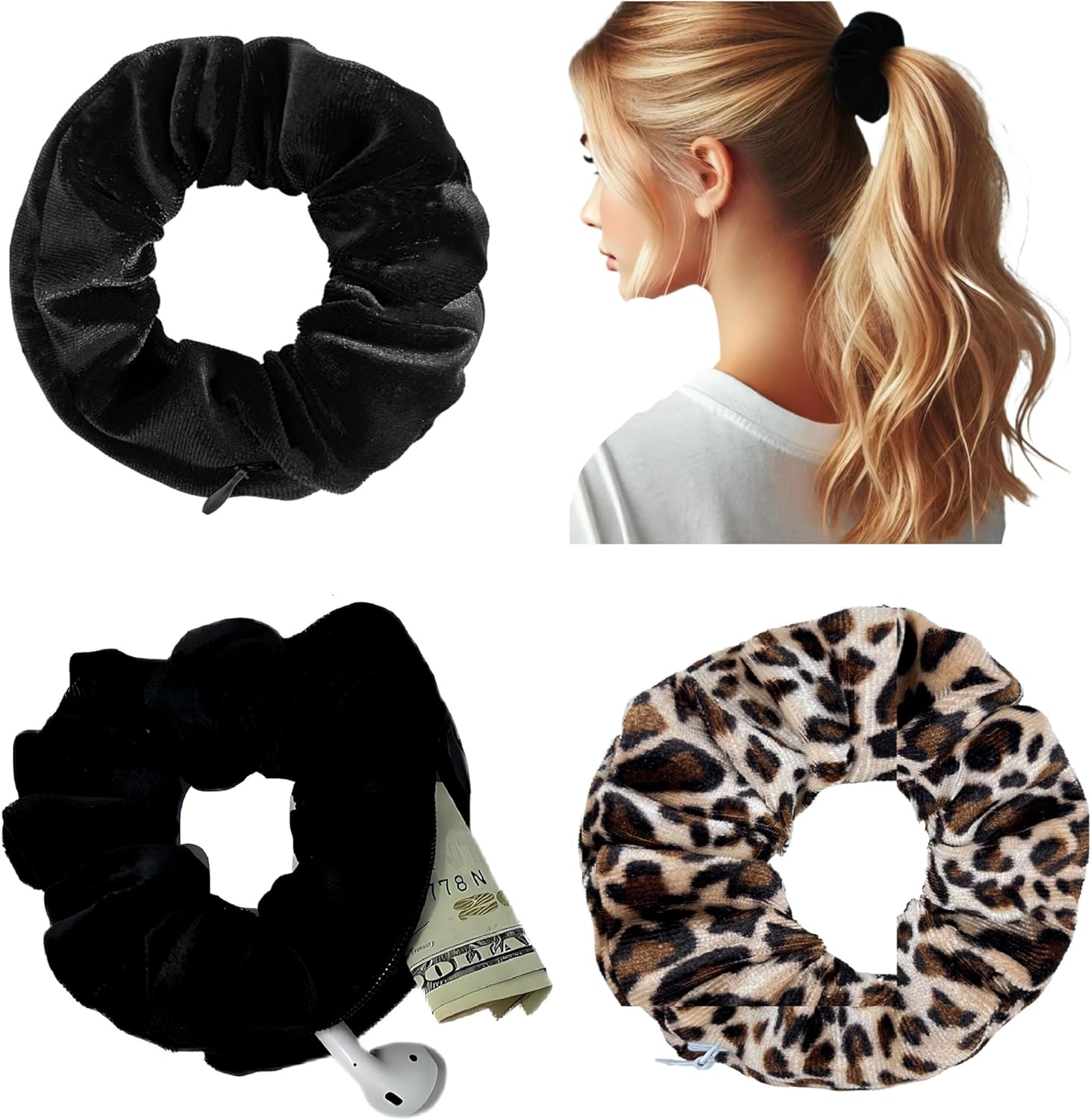 Secret Diversions Safe Scrunchie with Zipper Pocket – Hidden Compartment Pocket Hair Tie for Valuables,3 Pack Velvet Stash Scrunchie Disguise container for Cash, Keys, Travel Pill Box and Everyday Use