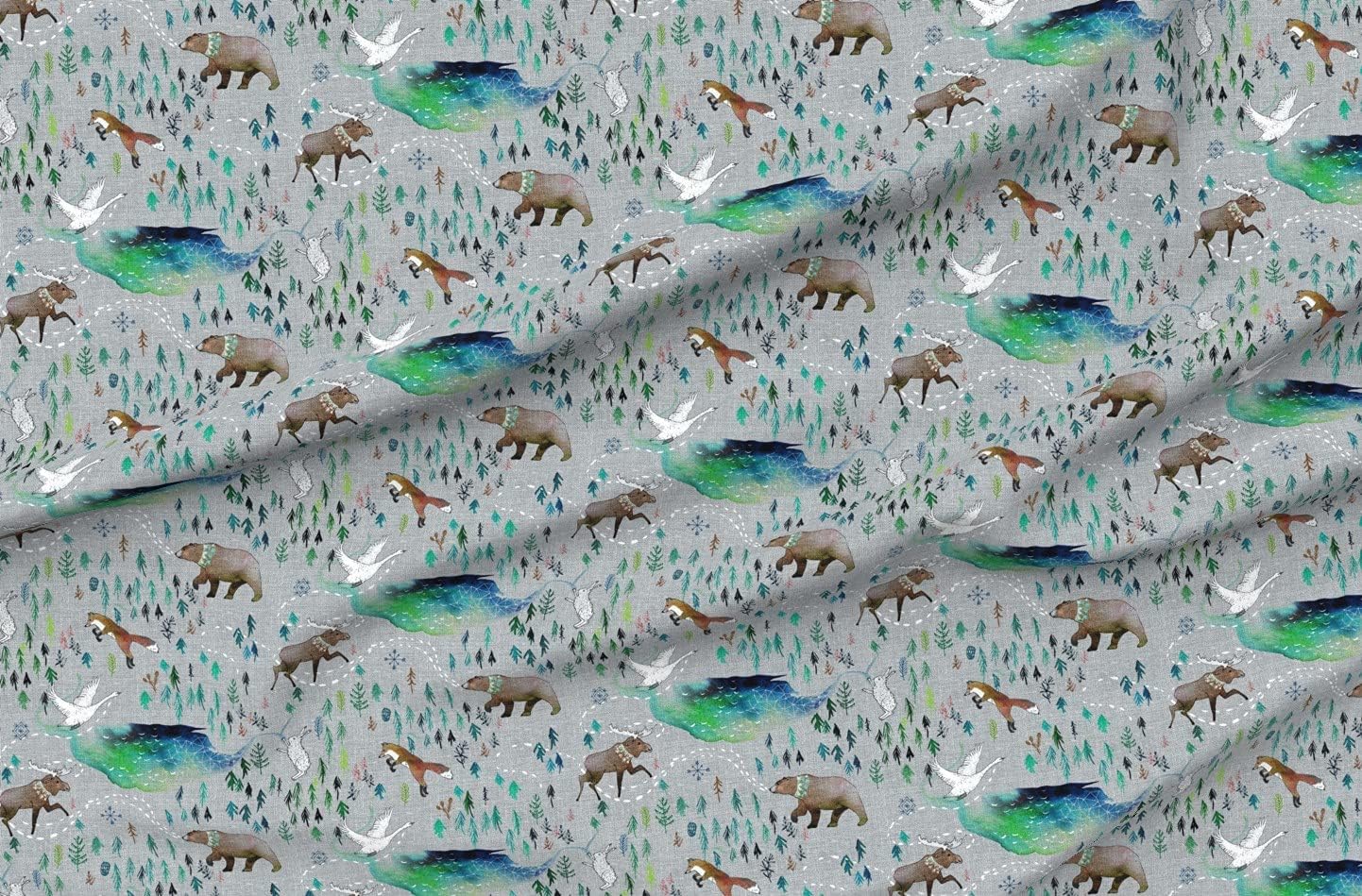 Spoonflower Fabric - Bear Moose Fox Forest Lake Mountain Printed on Organic Cotton Sateen Fabric by The Yard - Sewing Quilting Apparel Home Decor