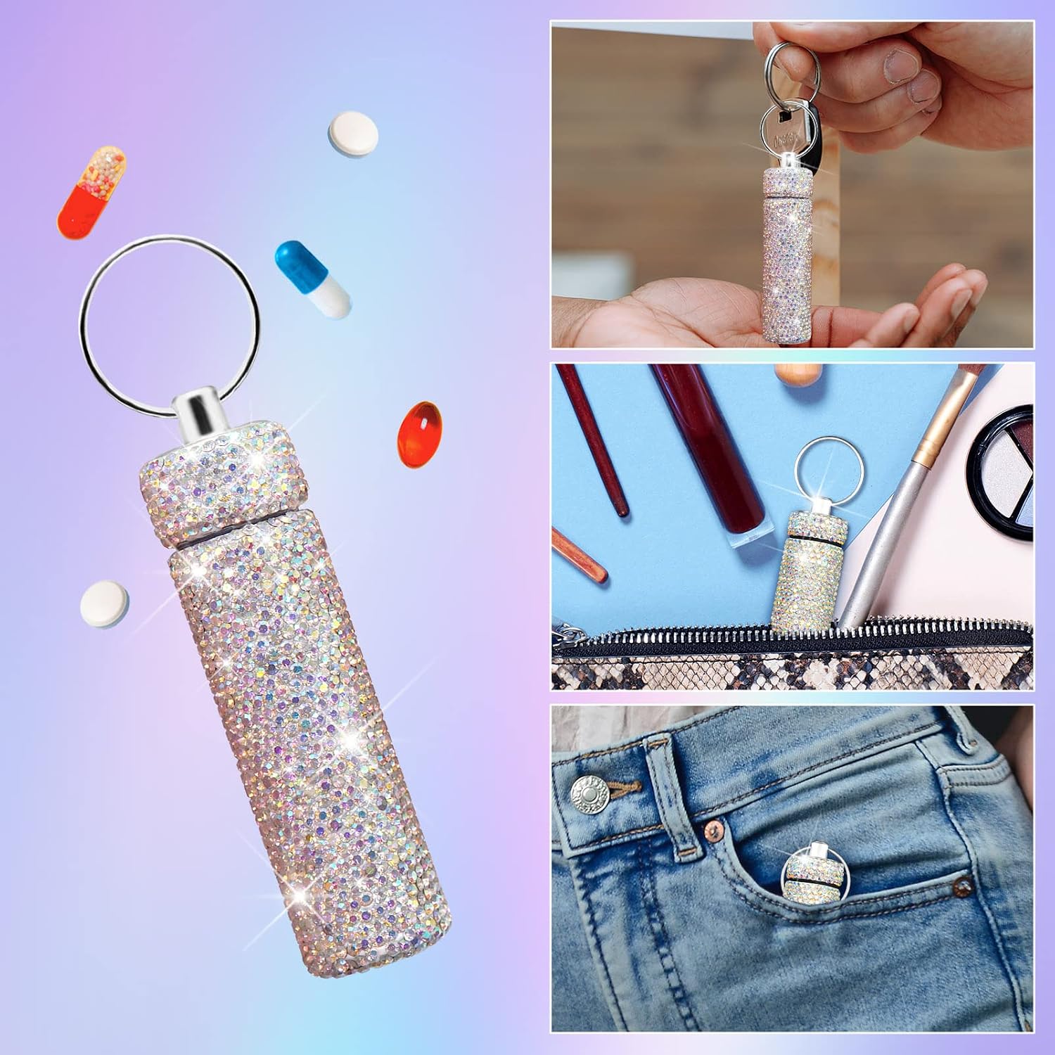 Yuchew Bling Pill Case Pill Container Rhinestone Pill Box Portable Waterproof Pocket Pill Holder Bottle Storage with Keychain for Travel, Outdoor, Camping (AB Color)