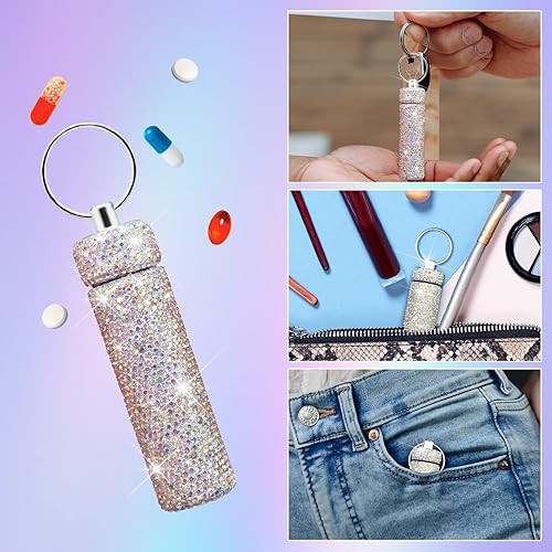 Miniatura 5 de Yuchew Pastillero con diamantes de imitación, portátil, impermeable, con llavero, para viajes, al aire libre, campamento (color AB)