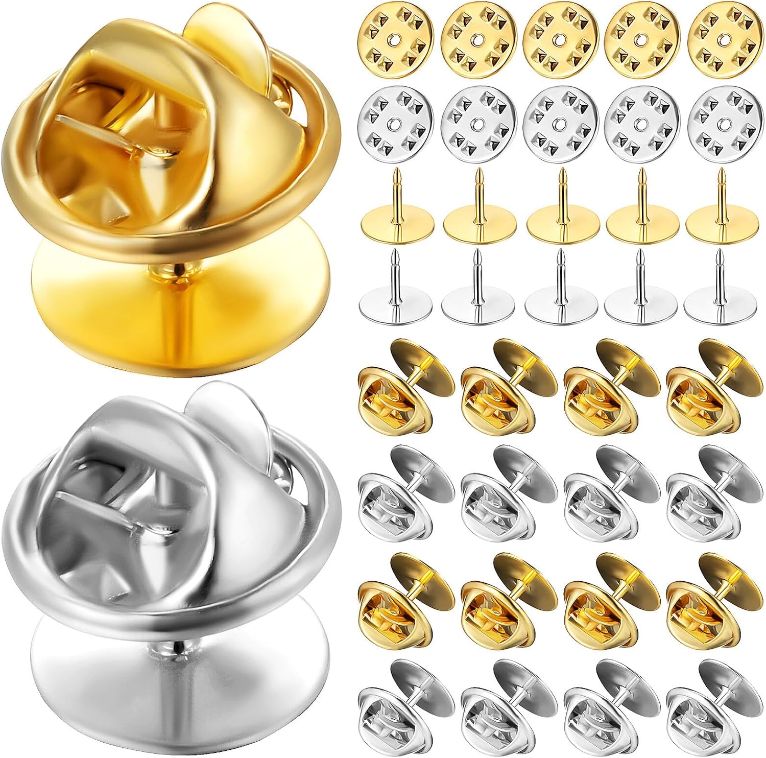 60 Sets Locking Pin Backs with Clutch for Badge Pins DIY Jewelry Making Brooch Craft Supplies Gold Silver Spring-Loaded Backings for Long-Term Use
