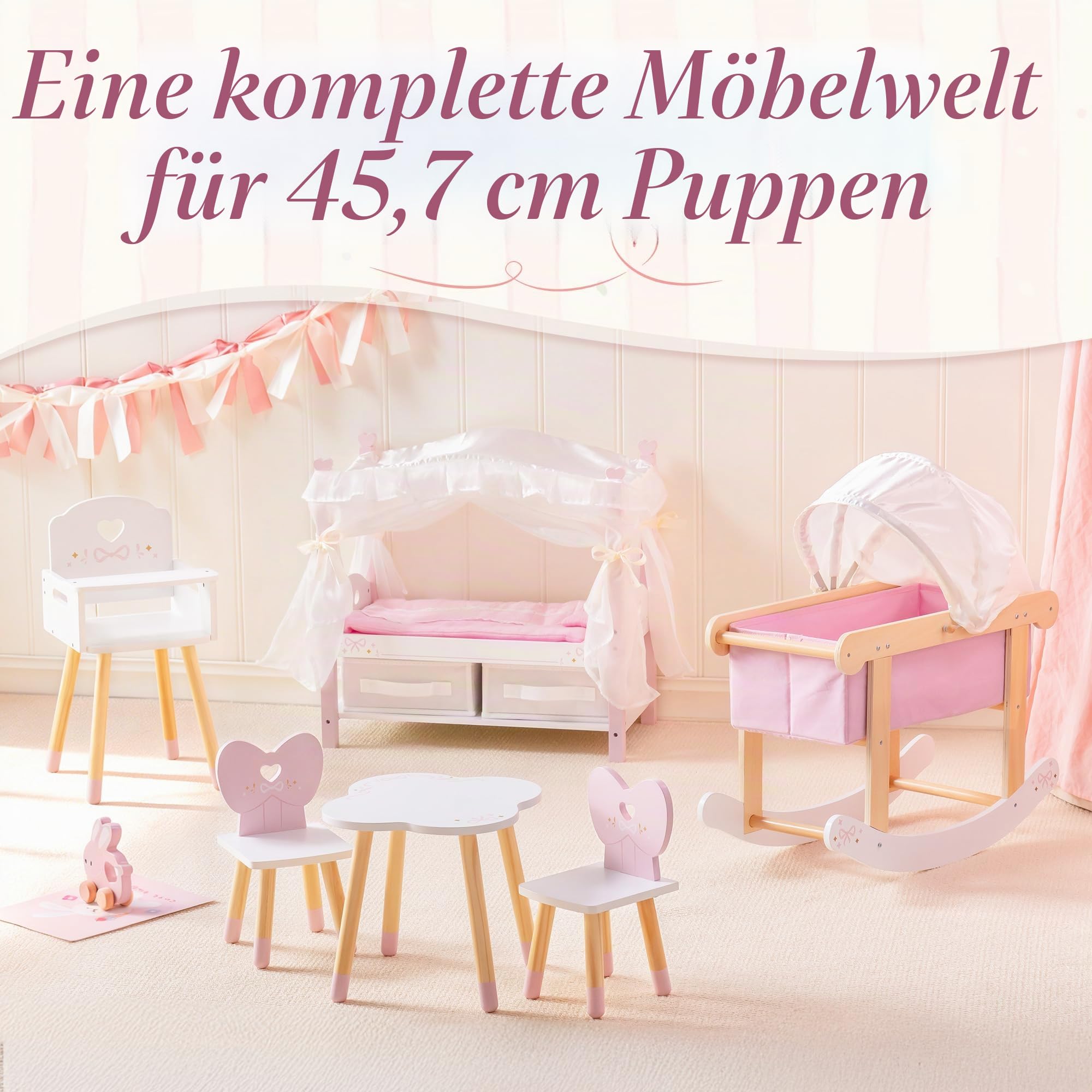 ROBUD Puppenwiege mit Baldachin für 45 cm Puppen, Puppenbett Holz mit Schaukelfunktion, Matratze und Kissen, Puppenmöbel für Mädchen ab 3 Jahren, Rosa